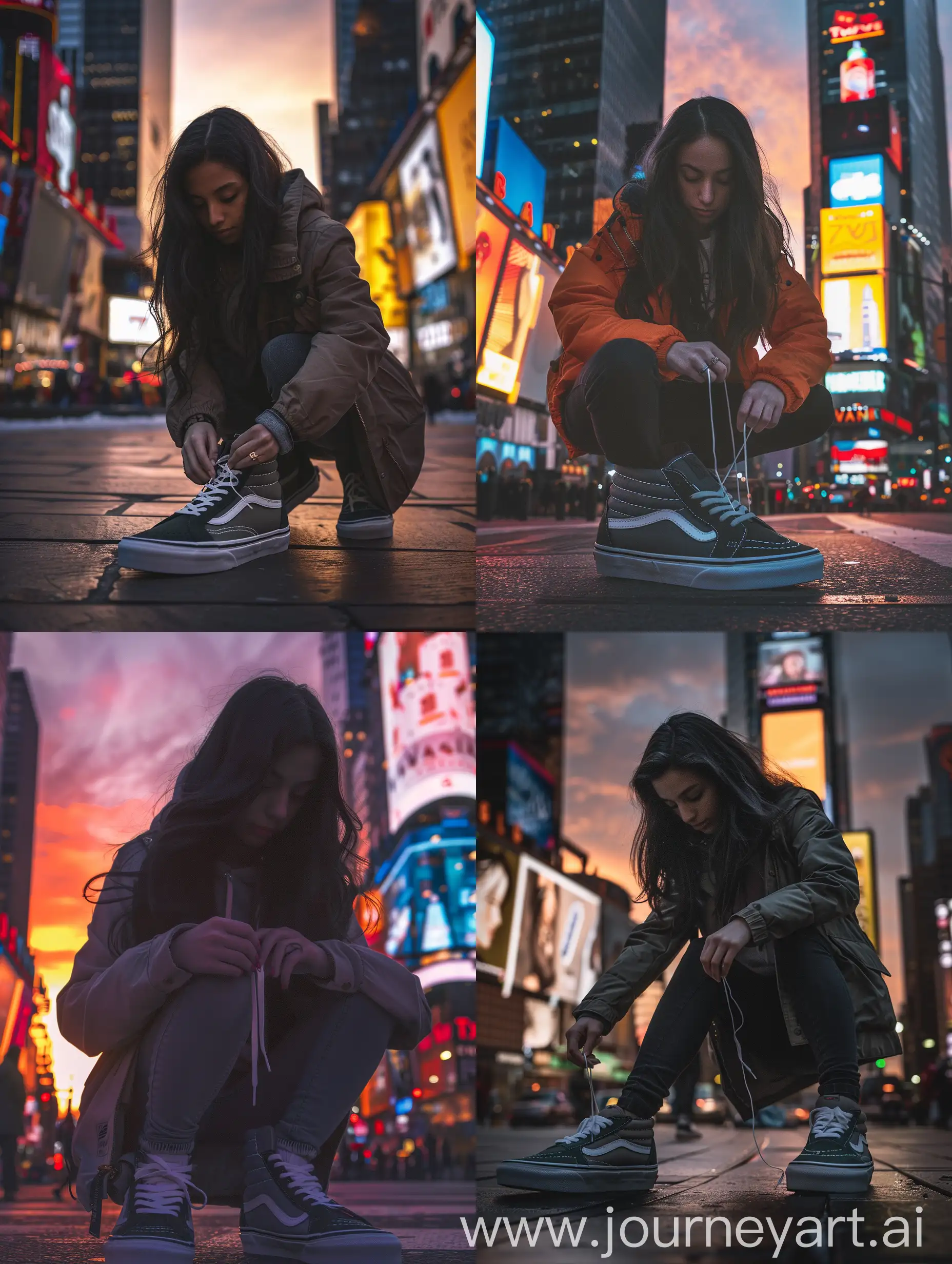 Girl-Lacing-Up-Vans-Sneakers-at-Sunset-in-Winter-Times-Square