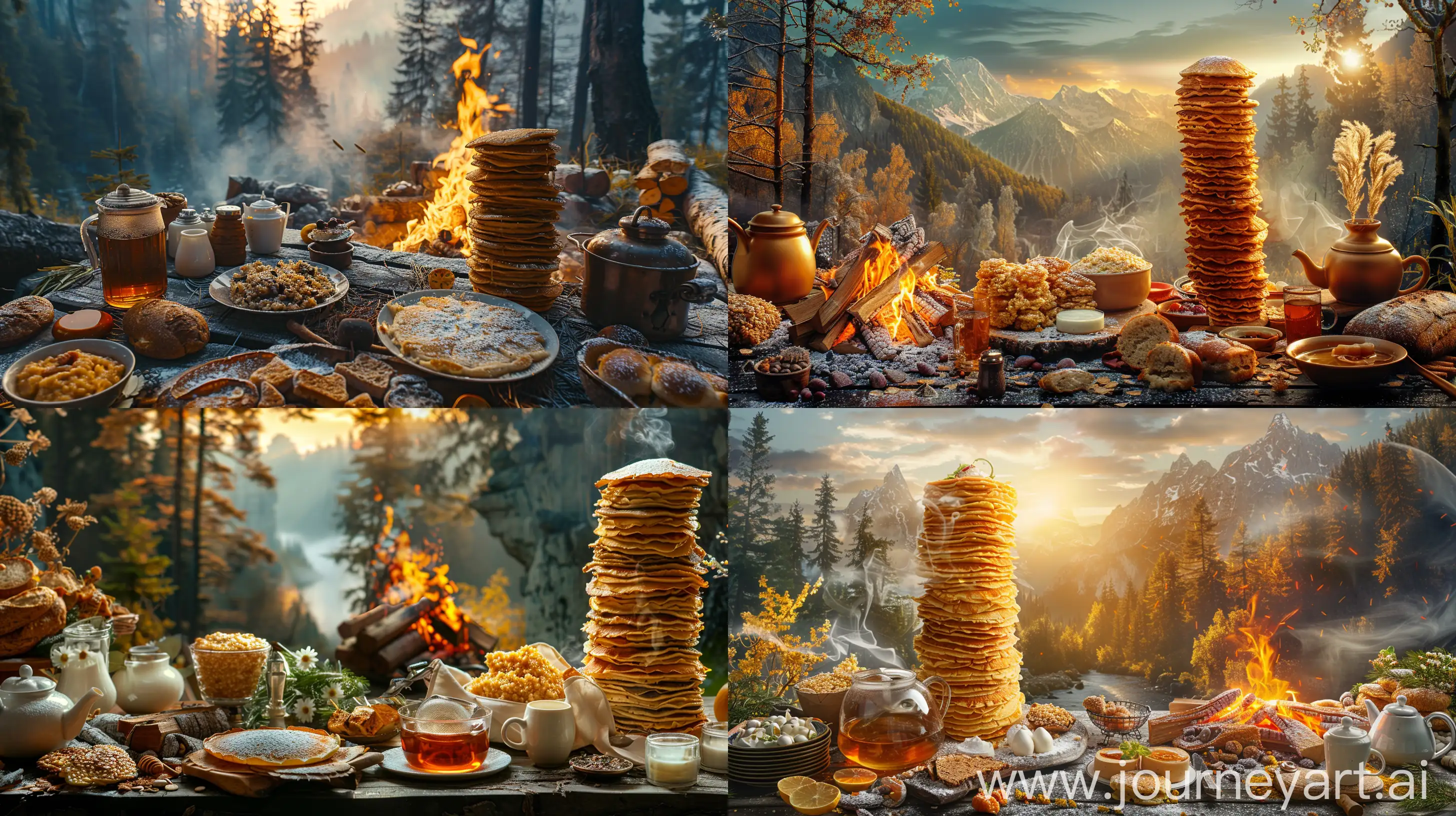 Разнообразные богатый деревенский Завтрак на фоне прекрасного горного рассвета в диком лесу, горит костёр и кипятится чай высятся стопки русских блинов, на столе каши молочные продукты хлеб и украшения стола --ar 16:9 --s 250 --v 6