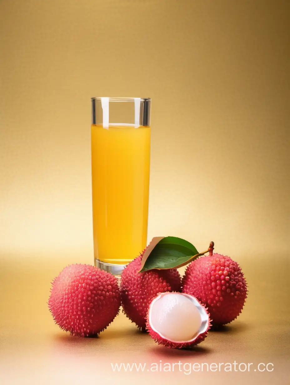 Lychee with juice glass on golden background