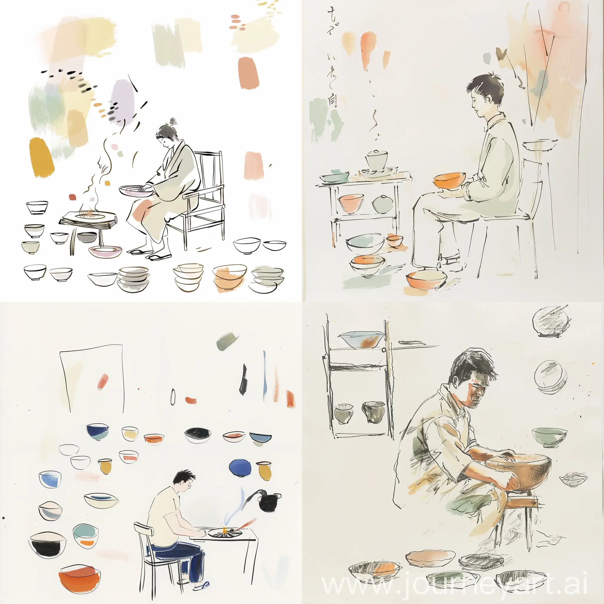 A simple sketch of a  ((Japanese man))(zoom-up)in soft pastel colors on a white background, sitting on a chair and looking intently, making this bowl. A made (charcoal) brazier) and various bowl shapes in the style of bowl works are placed. Various oils and watercolors in Matisse style, a peaceful scene of creative expression. Simple lines and flat colors, single line art illustration, sparse simplicity, Y2K