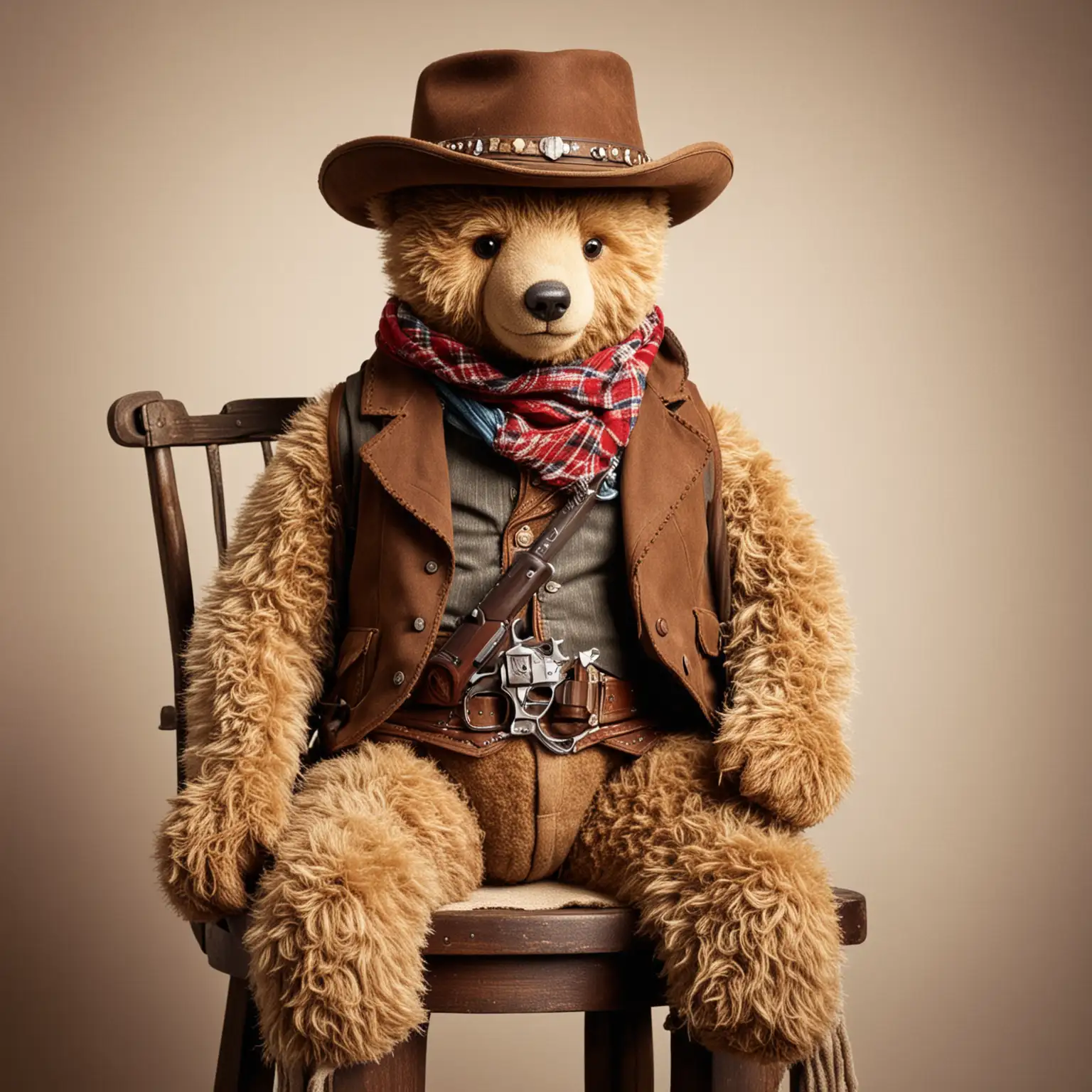 Battered old vintage Teddy Bear Gunslingers, sitting on a barstool, dressed as a cowboy with hat, scarf, waistcoat, gun belt with gun, blank background