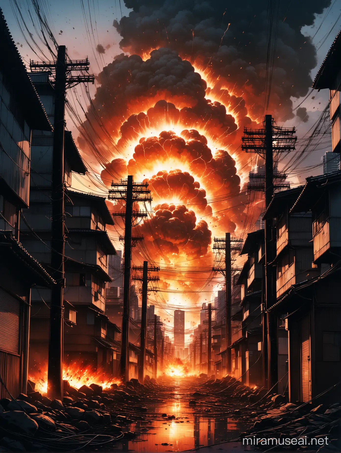 A movie poster background showing slum buildings, Tokyo skyscrapers, electricity poles, an explosion, and blood