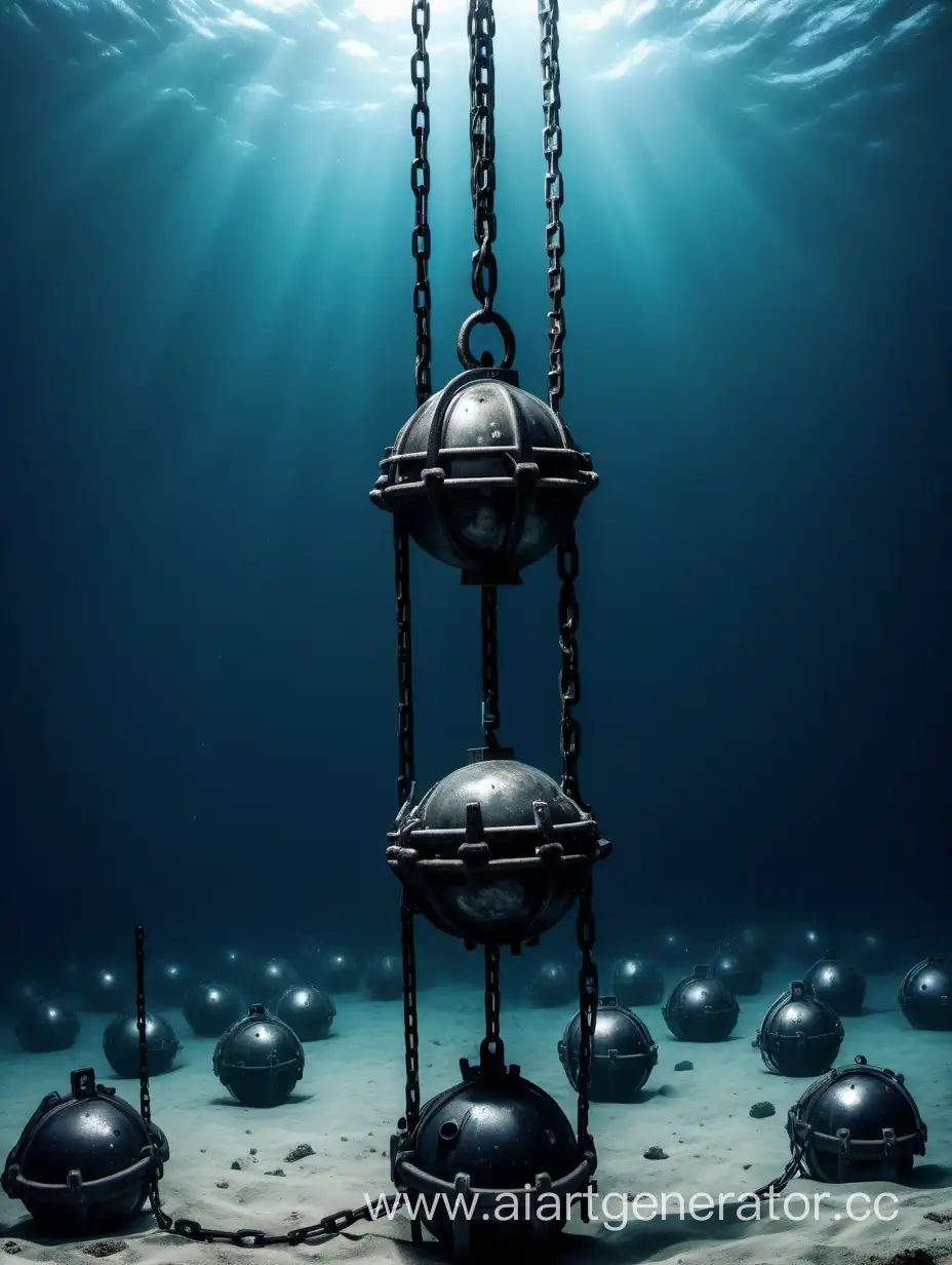 Underwater-Mines-Suspended-on-Chains-Maritime-Danger-Exploration