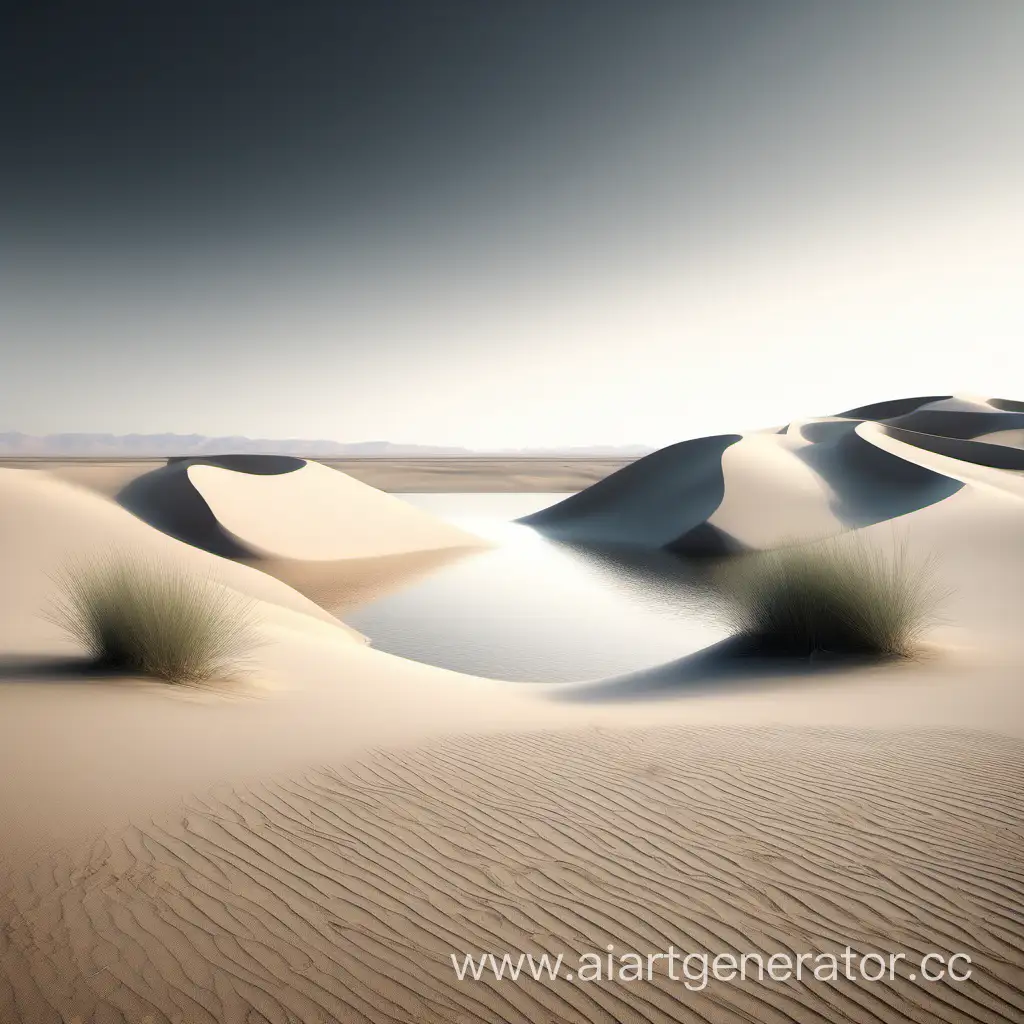 Minimalistic-Desert-Beach-Dunes-Surrounding-Tranquil-Lake-Landscape