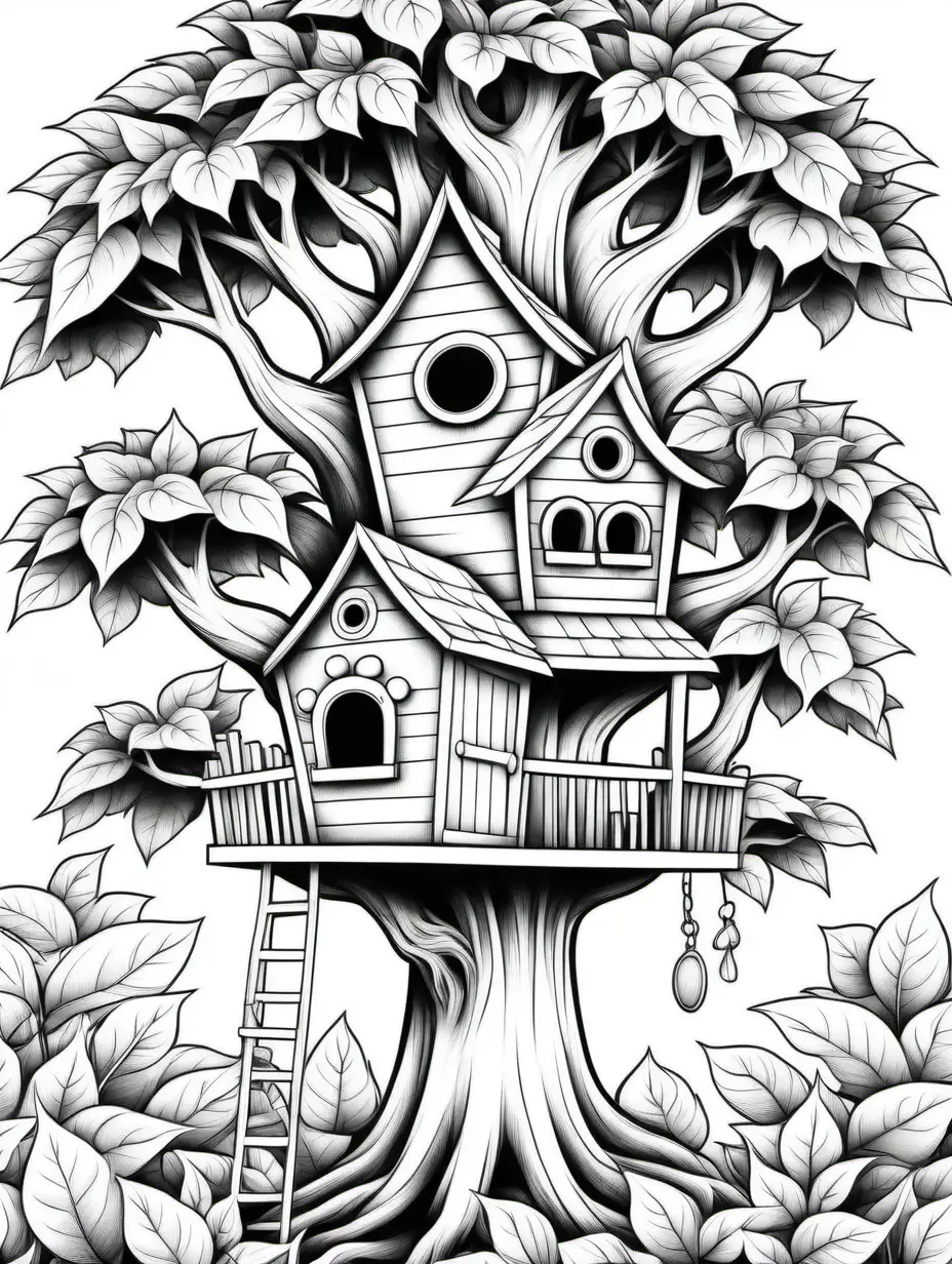 a large bird tree house coloring book, black and white, individual leaves, no shading, no background, thick black outline