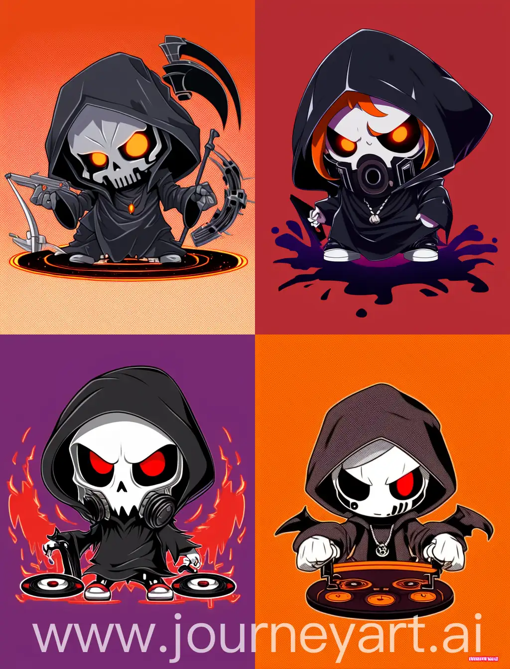 angry chibi anime grim reaper playing dj, cartoon anime style, with strong lines, with orange solid background