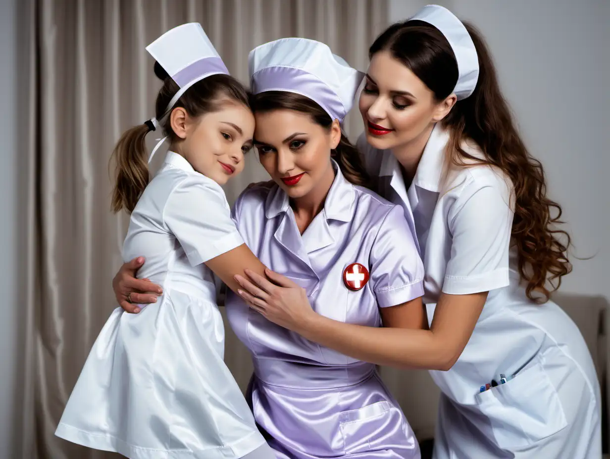Tender MotherDaughter Moment Girl in Elegant Satin Nurse Uniforms Receives Warm Hug