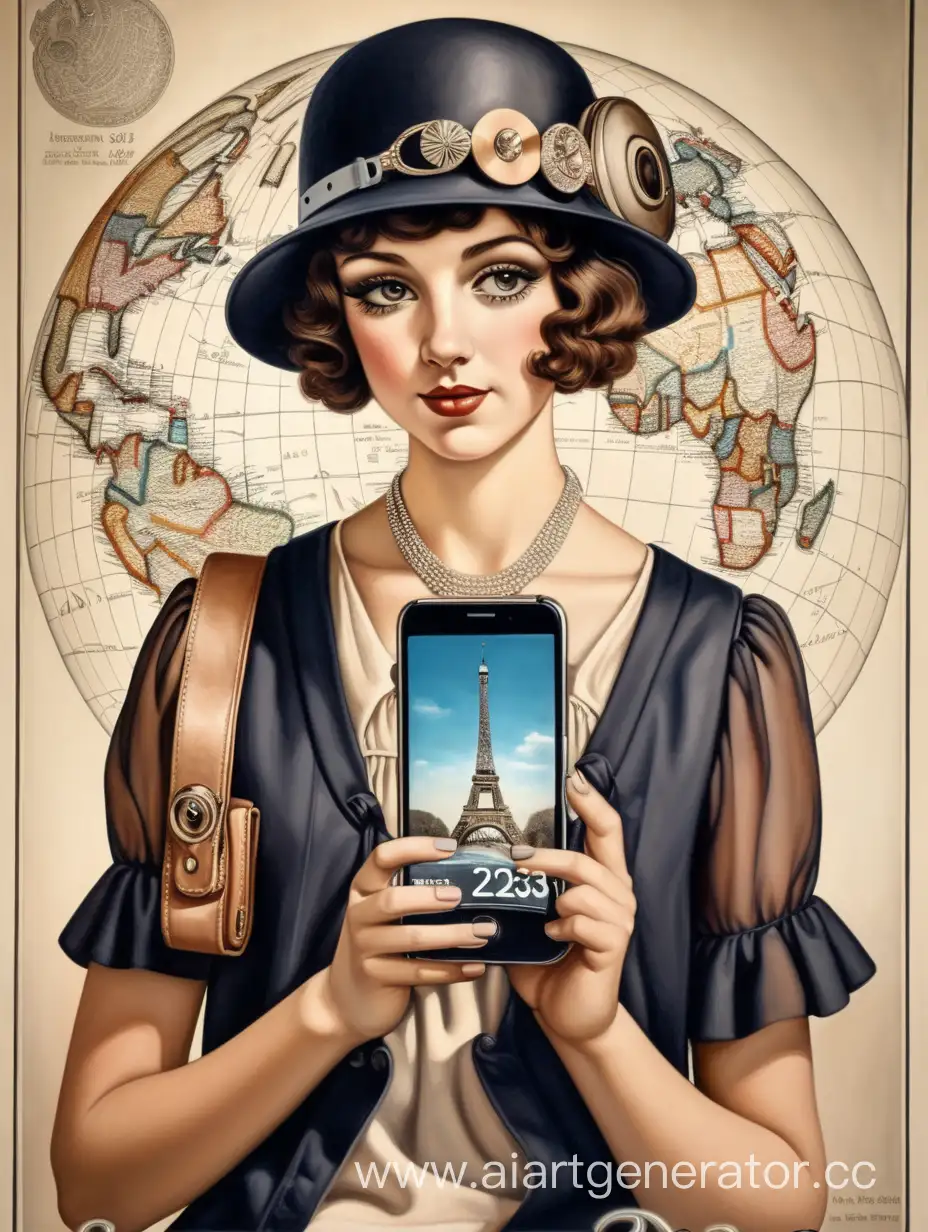 Портрет поколения двадцатилетних в 2023 году с телефоном в котором изображён красивый мир 