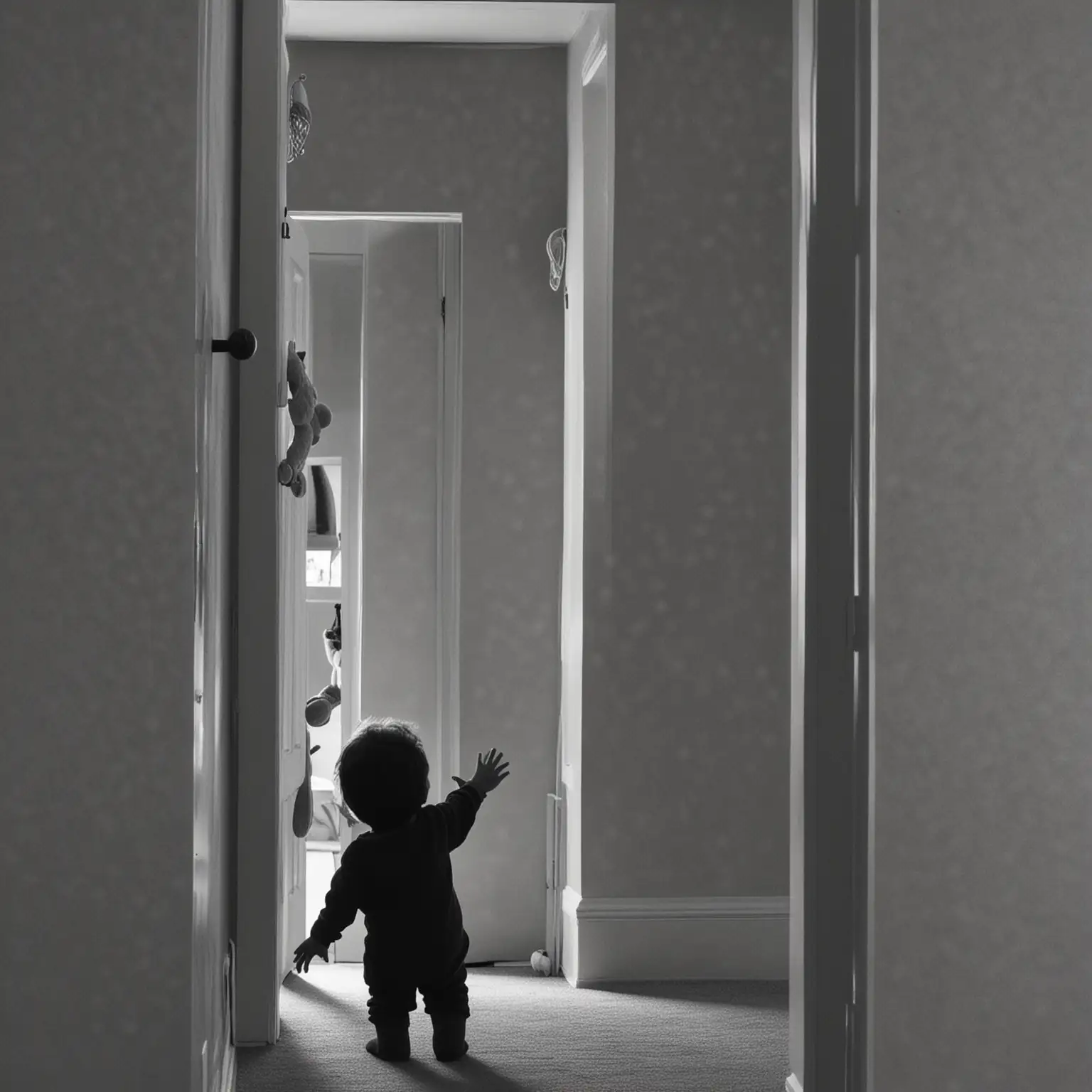 silhouette of a little boy from behind looking out a doorway holding a teddy bear dangling from one hand

