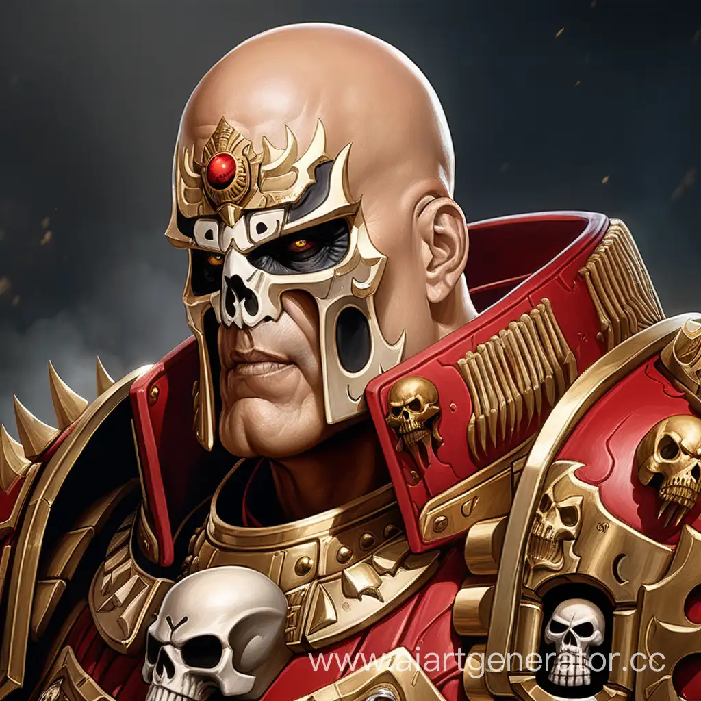 Bald-Primarch-Shao-Khan-in-Red-Armor-with-Golden-Skull-Mask-Warhammer-40000-Portrait