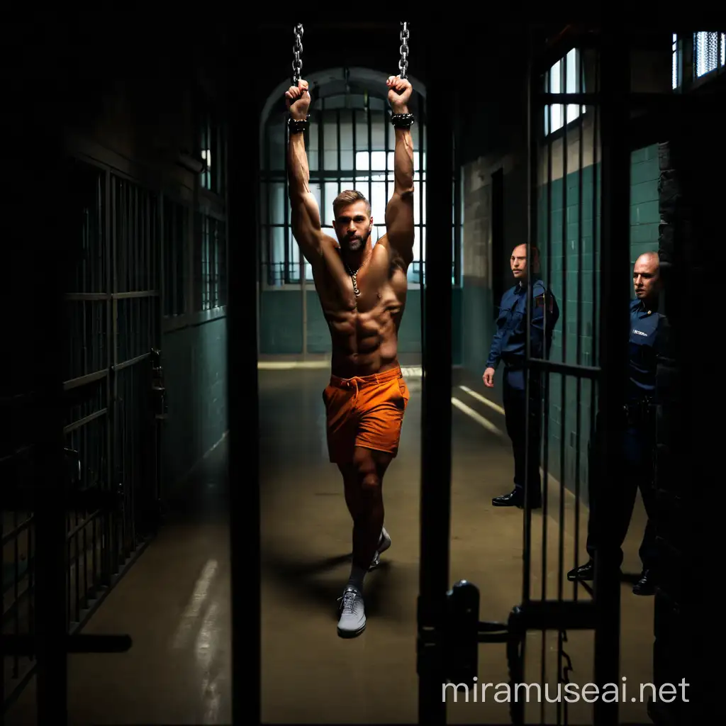 shirtless hunk muscle in prison hands chained wearing trousers