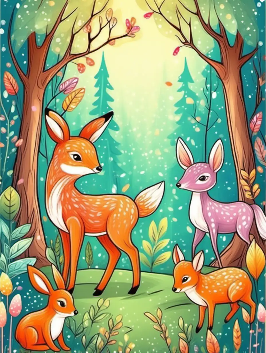  маленькиe милыe лесные животные, детский цветной рисунок в сказочном  лесу, зайчик лисичка олененок