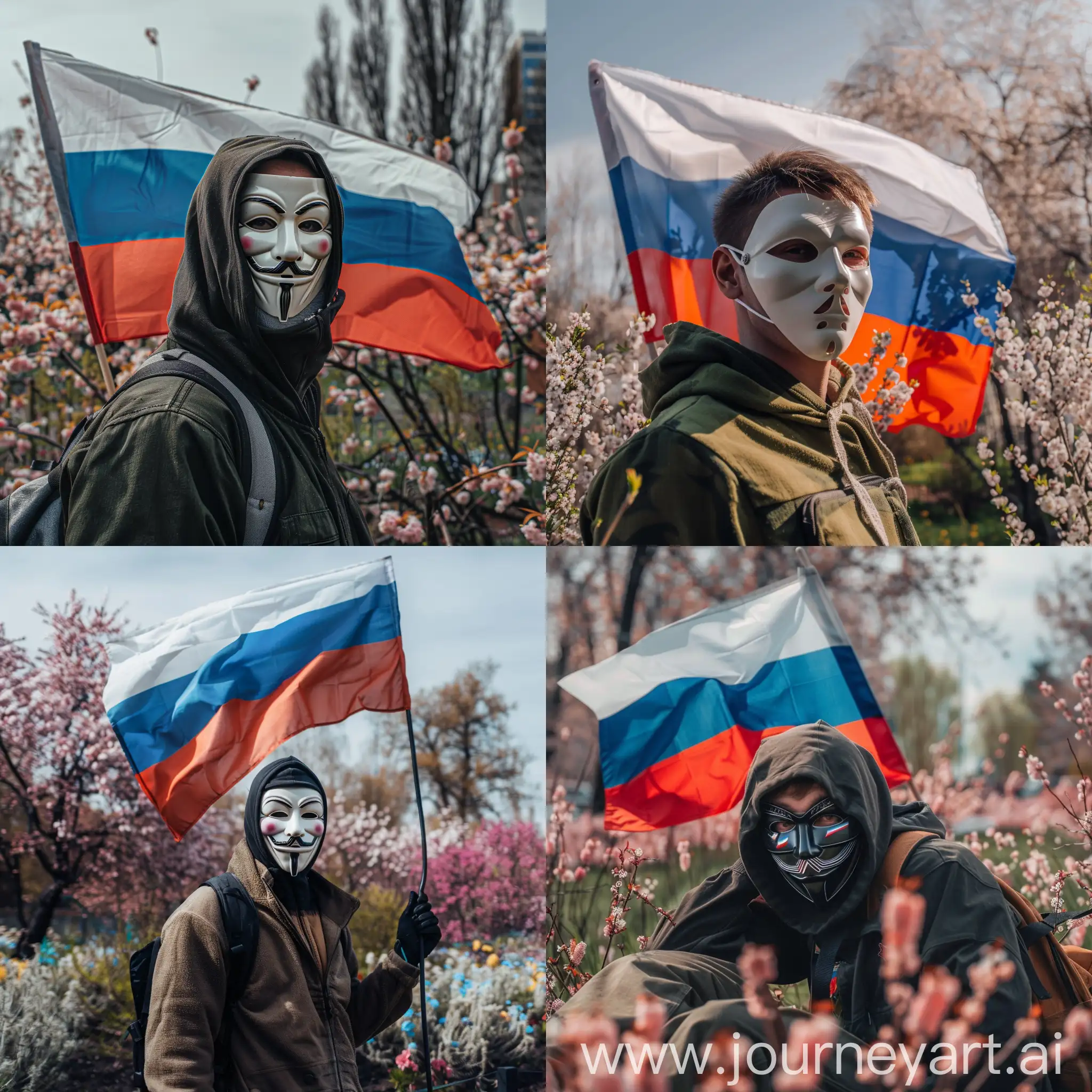 A man in an anonymous mask with a Russian flag on the background of blooming spring gardens
