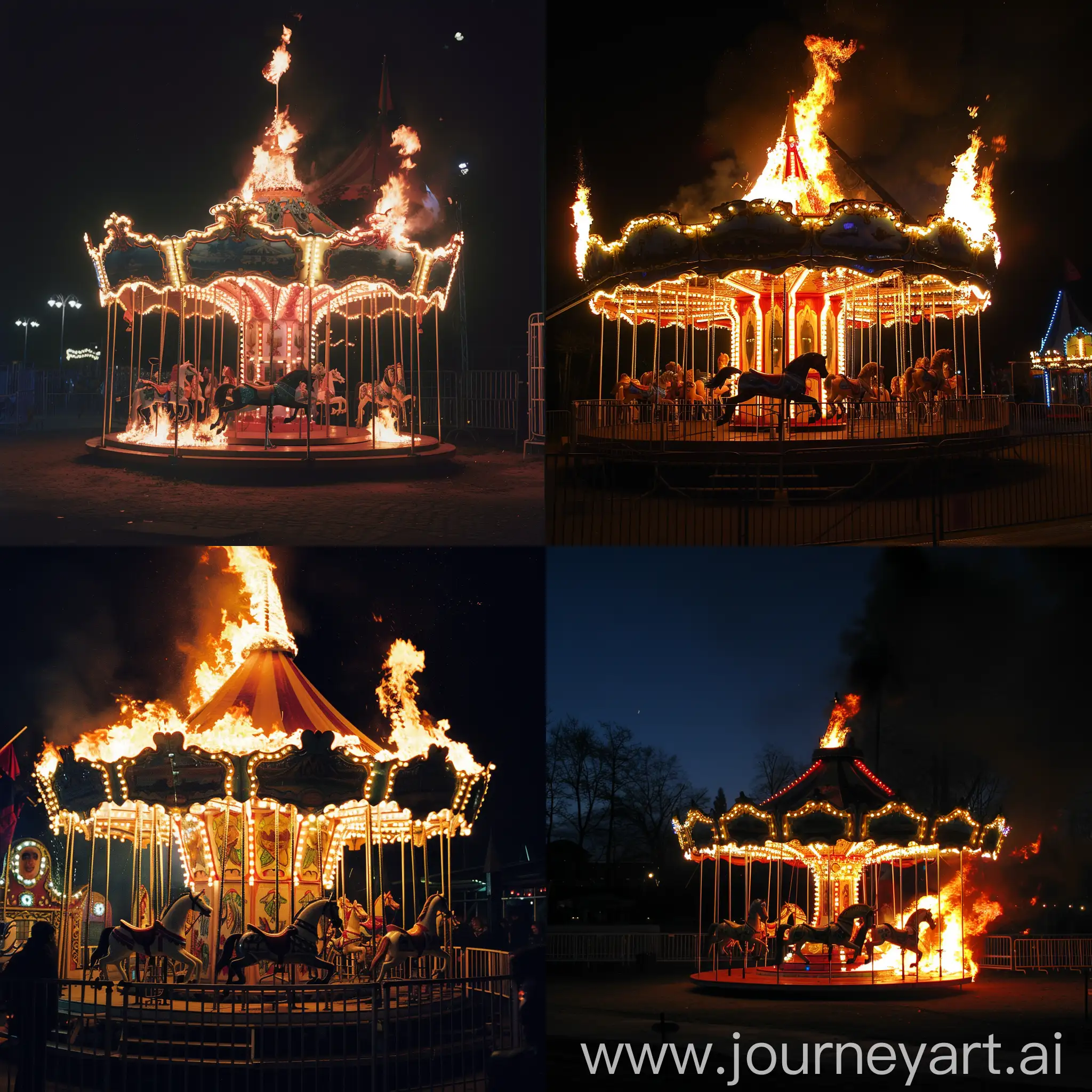 carrousel on fire  at night