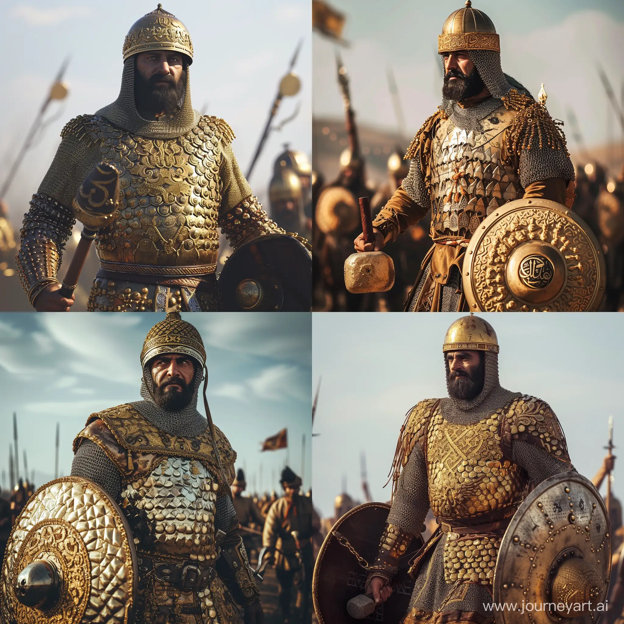 Ottoman Sultan Murad IV standing tall at battle field. He is wearing gold embroidered chain mail and Islamic Ottoman helmet. He seems brave and bold. He is equipping his famous legendary mace and rounded Ottoman Shield. Realistic image.