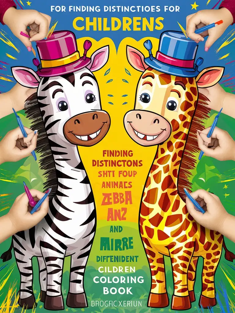cover for colouring book for kids, funny animals, bright colours, Draw two identical large and cheerful animals with slight differences for finding the distinctions, children's hands coloring or painting colorful animals.