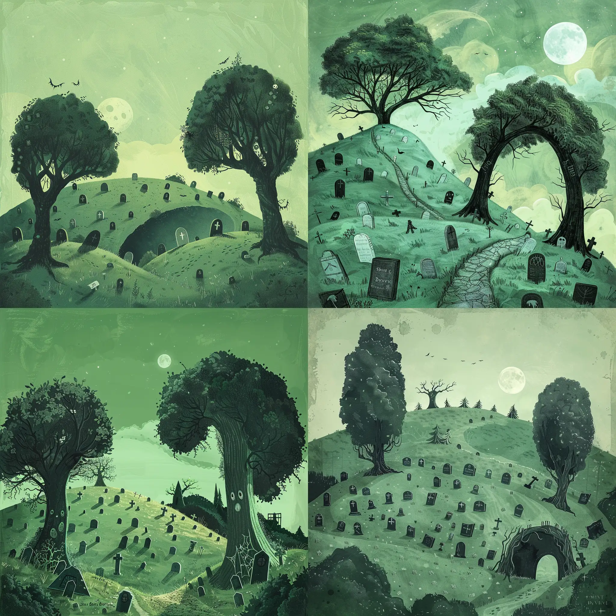 prompt, childrens book cover background only, front and back cover, one piece of art, spooky backdrop of rolling hills and a tree line, leading up to the tree line is a hill and on the hill are various gravestones littered around, in the midground on the right are two large creepy looking trees creating an archway, behind the two trees is a full moon, the colour of the book cover is made up of green, the feel of the image should be painterly, artwork in the style of Shane Devries illustrations.
