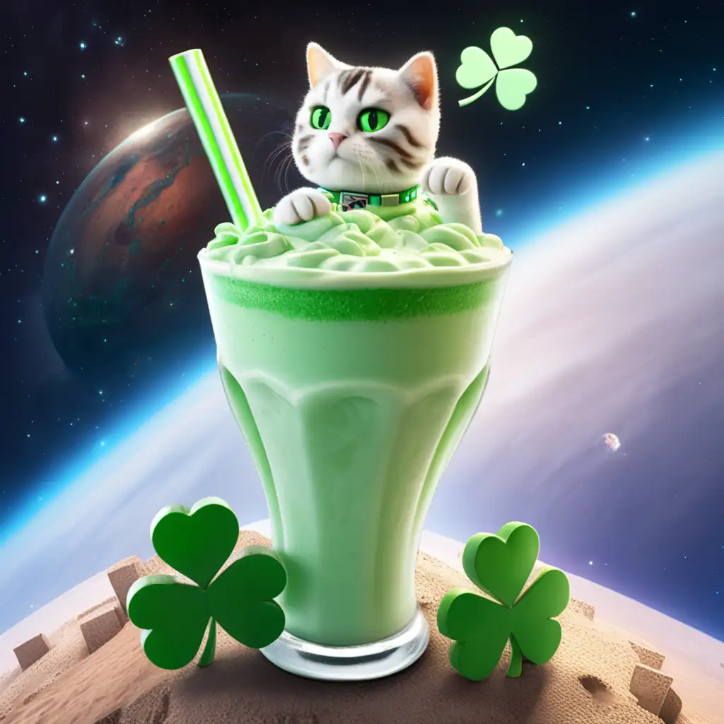 Icy Green Shamrock Shake in a Galactic Minecraft Cosmos with Feline Companion