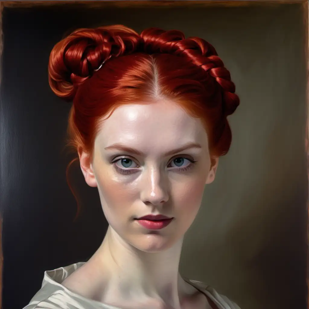 Portrait of a Beautiful White Young Woman with Red Hair in Chignon
