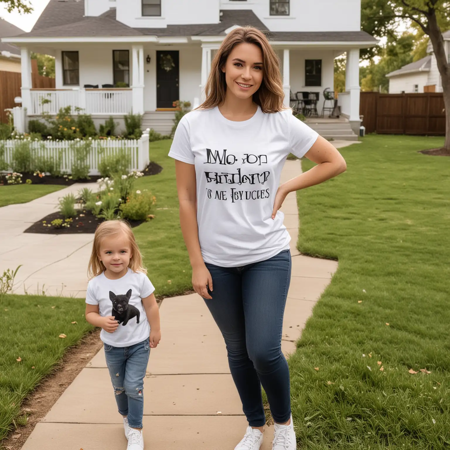 a mockup for a white tee.  the model should be female.  she should be a slightly  goth mom.  the background of the photo should be a house with children playing in the yard.