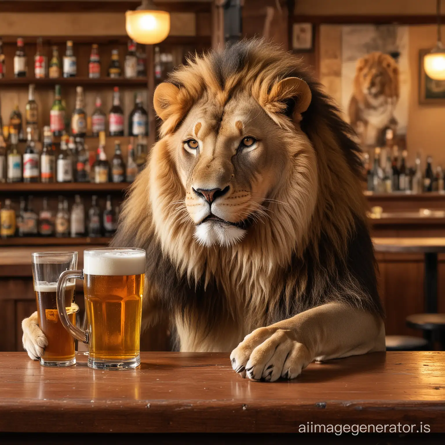 lion drinking beer in a bar