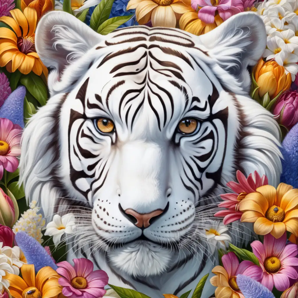 A white tiger head in a lot of very colored exotic flowers on the face and ears