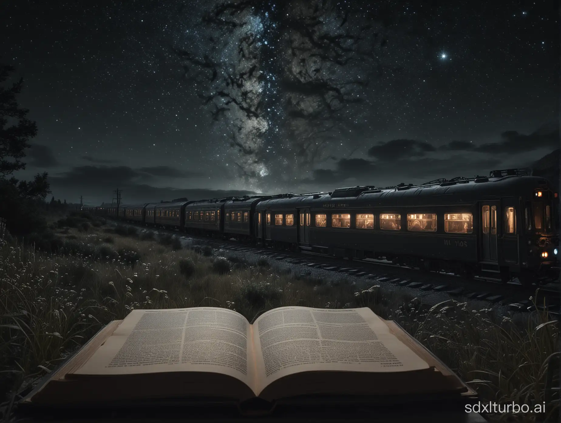 Surround shot of a night-train riding into a book titled Surviving While Strange. stunning realism, cosmic chaos, emotional depth, 12K, hyperrealism, unforgettable, mixed media, celestial, dark, introspective