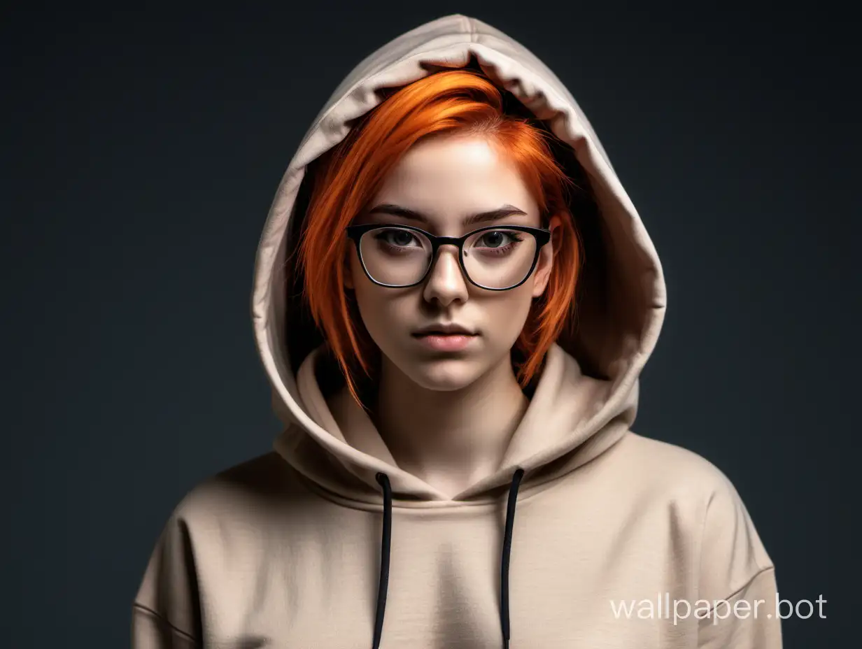 A girl with orange hair, brown eyes, glasses and a beige hoodie. Detailed features, sharp image
