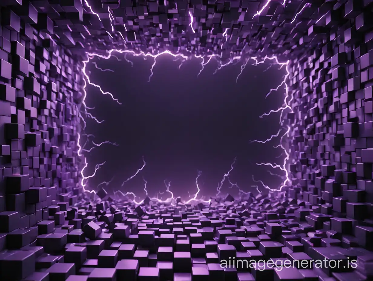 black and purple background, on it on the edges of the screen dark purple and light purple lightning bolts, some small 3D cubes in dark purple colors, in the center empty space of rectangular shape framed by a dark purple frame