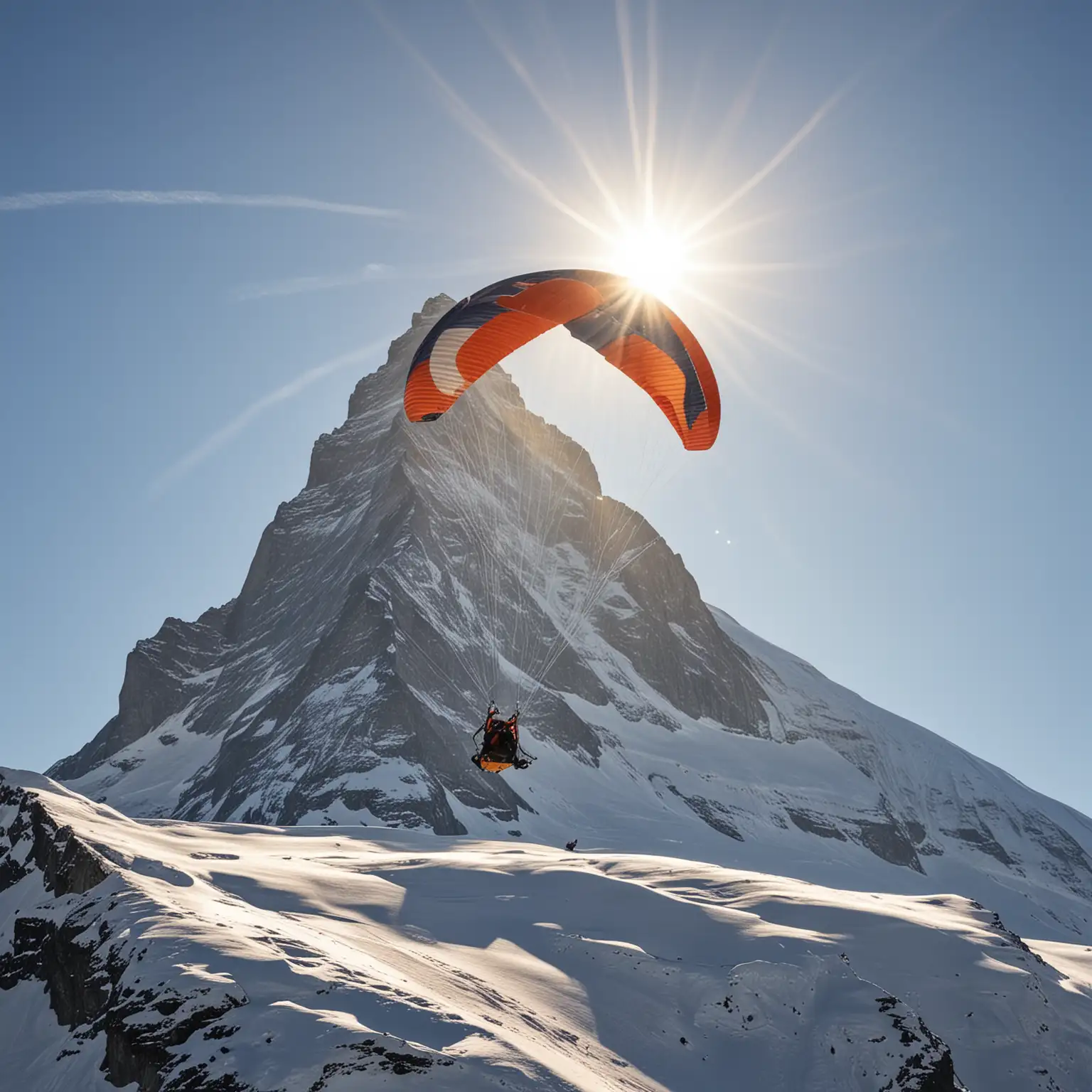 Majestic Matterhorn Summit with Soaring Snow Paraglider and Pristine Snowscape