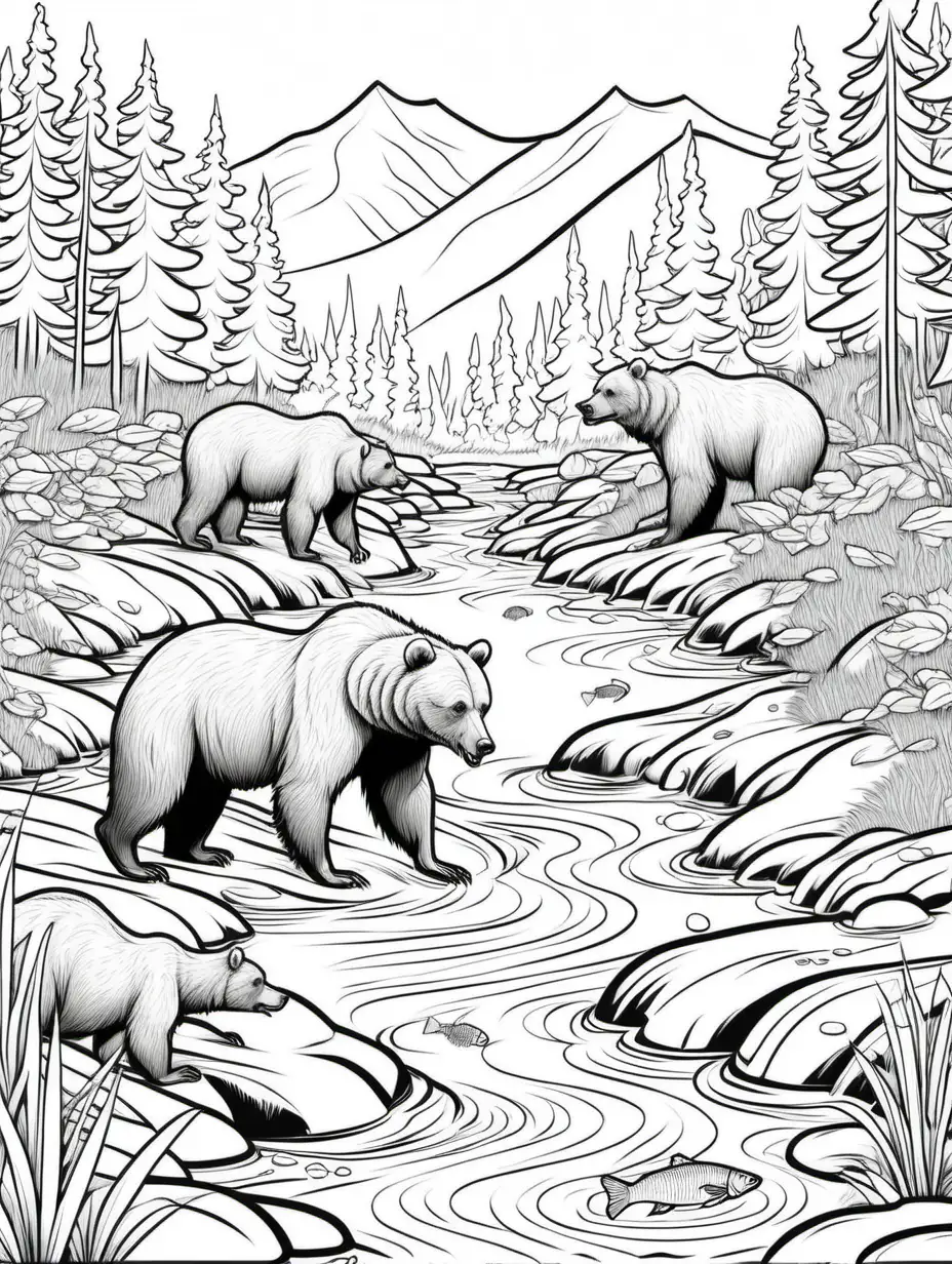 illustration page for kids coloring book, grizzly bears in stream with fish, thick lines, low detail, vivid color