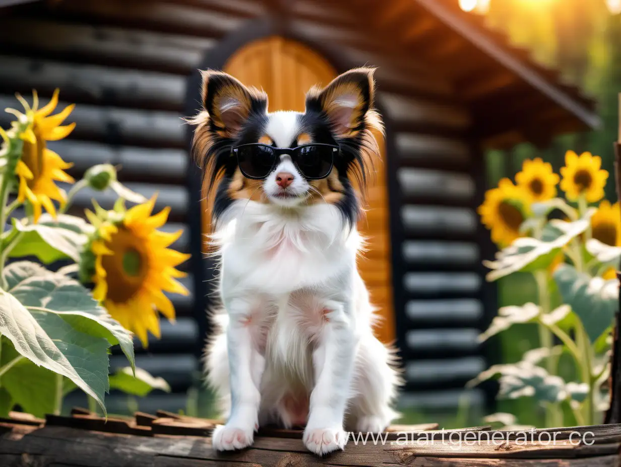 Chic-Papillon-Dog-and-Stylish-BlackandWhite-Kitten-Posing-in-Sunglasses-by-the-Village-Log-House-Surrounded-by-Sunflowers