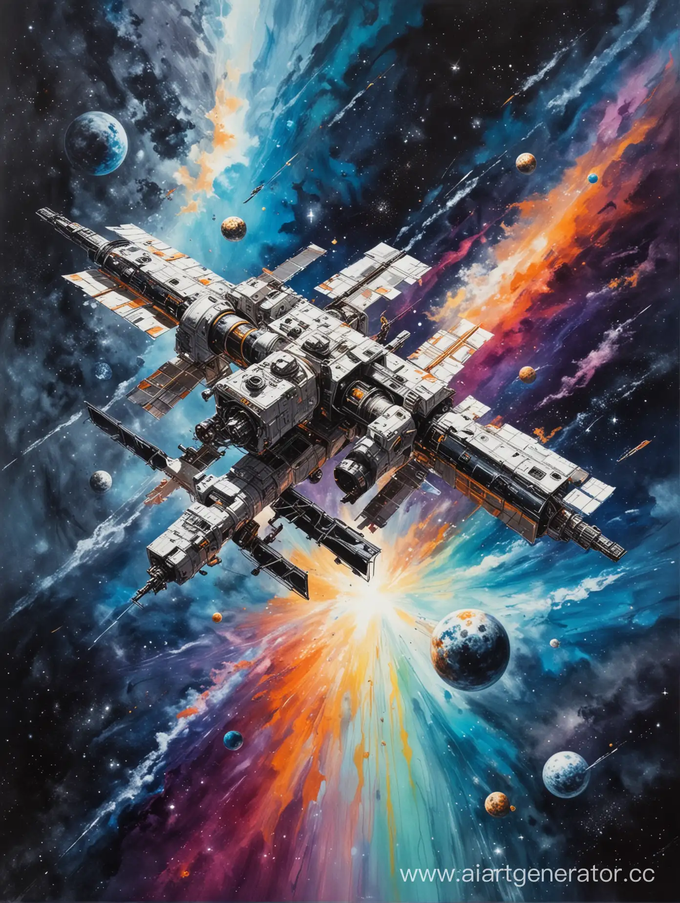 рисунок абстракция красками, космическая станция