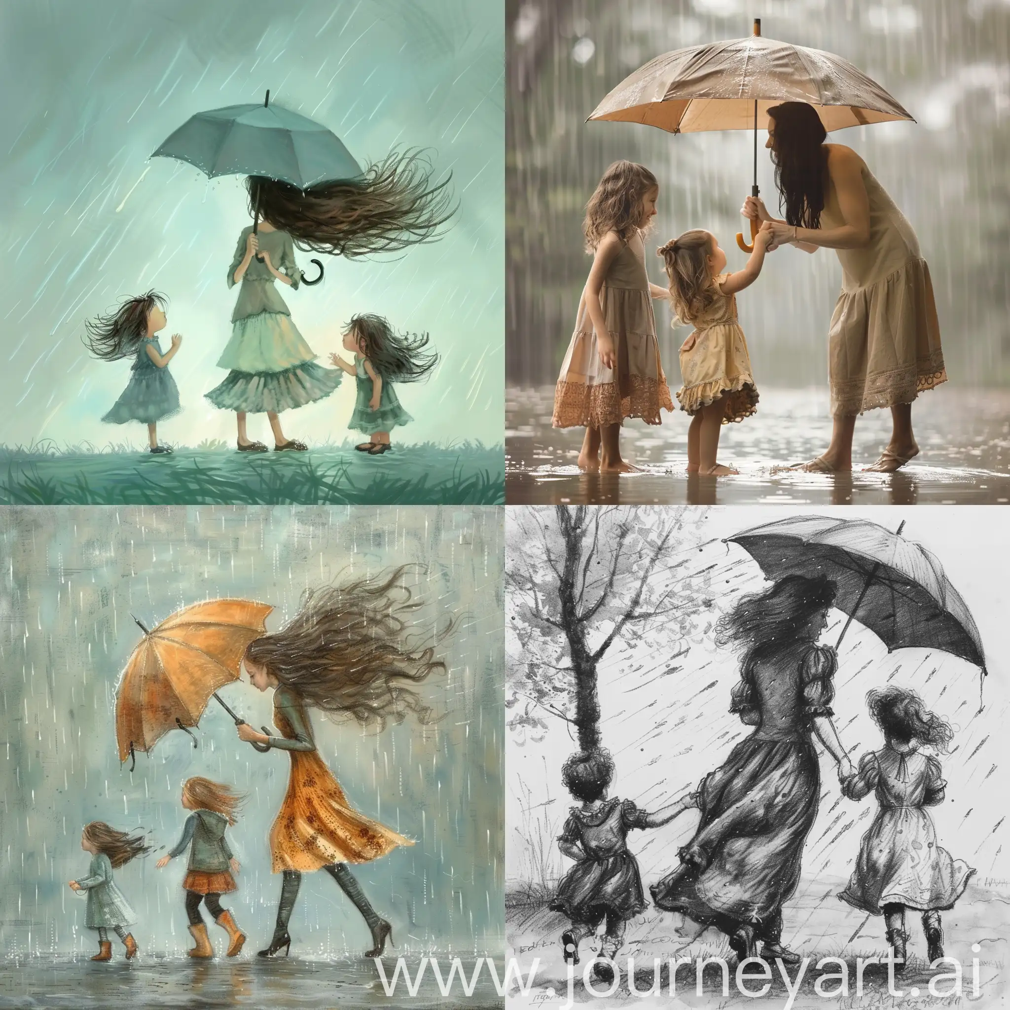 Mother holds umbrella for 2 daughters with the shade swerving towards the two daughters Therefore making mother's hair wet Amidst the light rain