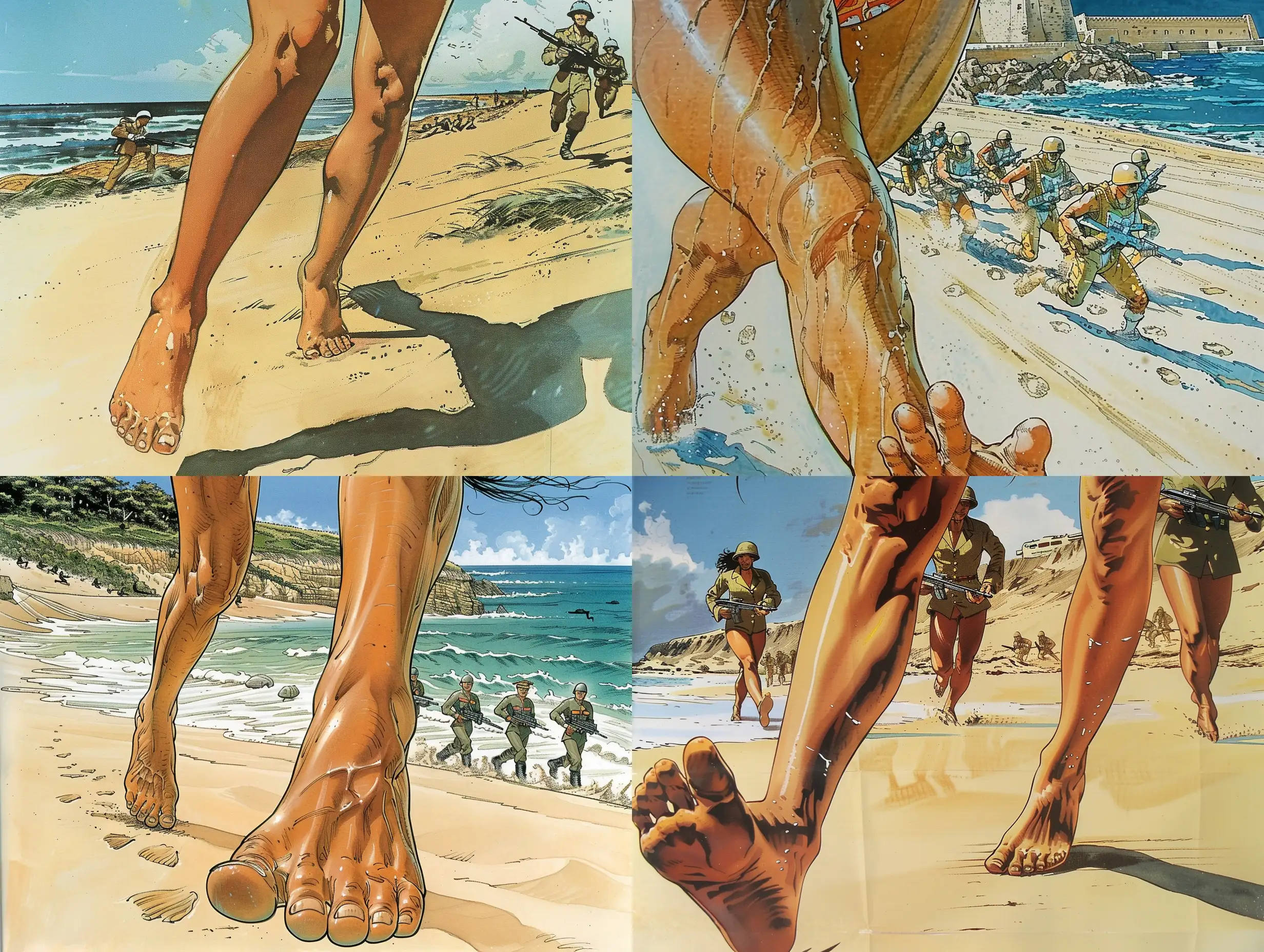 Dessin BD francophone, selon Artist Moebius, Histoire de Science-Fiction: Sur une plage, gros plan sur les pieds nus d'une belle femme en bikini. C'est au bord de la mer, dunes de sable, des hommes soldats en uniforme Sci-Fi miniatures courent sur le sable.
