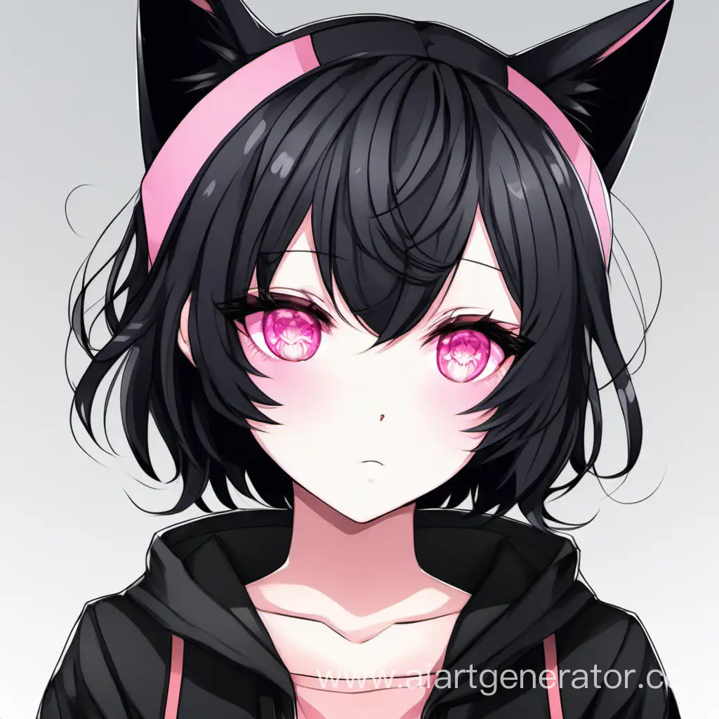 Draw an anime girl with black short hair, pink eyes, and black cat ears.