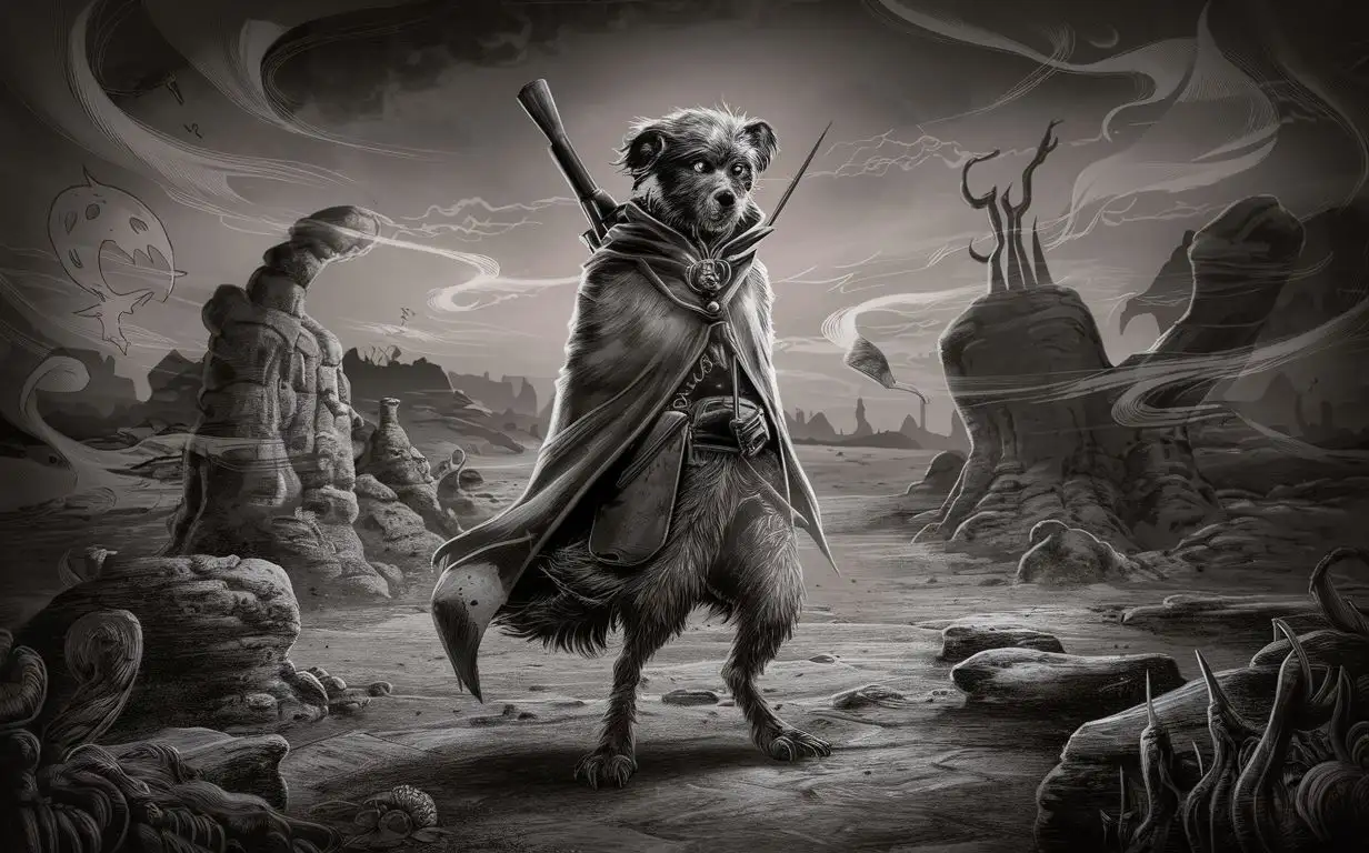 Dogfolk magician with a rifle from lo-fi dnd in a deserted magical world, drawn in a black-and-white comic book style