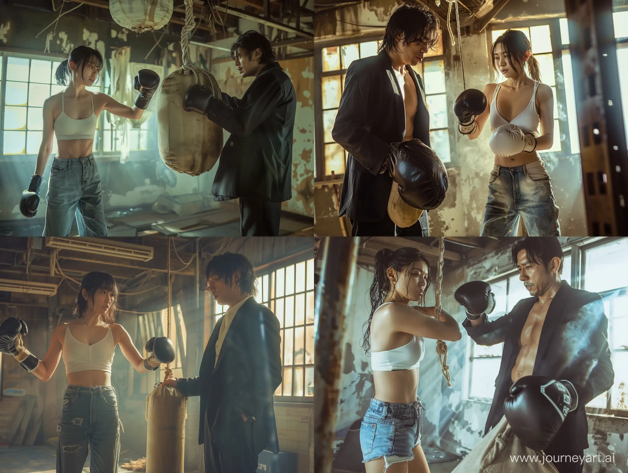 In an old-style boxing gym in Japan, the layout is very dilapidated. A Japanese woman is sweating. She is wearing a white camisole, denim trousers, and worn-out boxing gloves, shaking her fist at the punching bag. A gangster man in a black suit is the woman. Holding a sandbag, the man looked melancholy, his eyes were fierce, and he kept talking, like a coach teaching the players. The dusk sunlight poured in from the window, exuding a soft light. Creates a melancholic atmosphere, violent aesthetics, stunning fantasy movie scenes, strong dramatic tension, rich details, clear light and shadow, and a strong sense of cinema