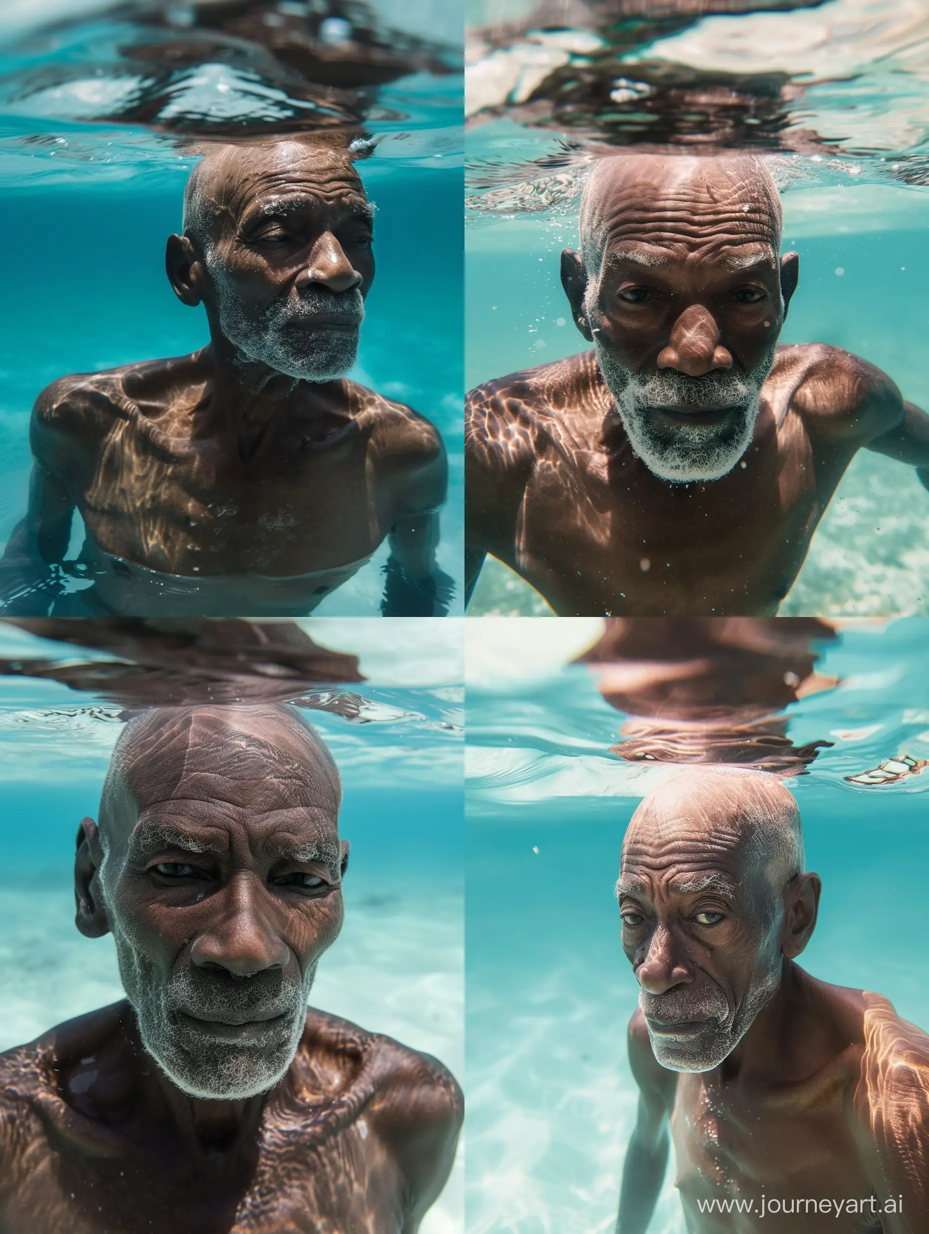Old African bald man in the clear ocean. Under water