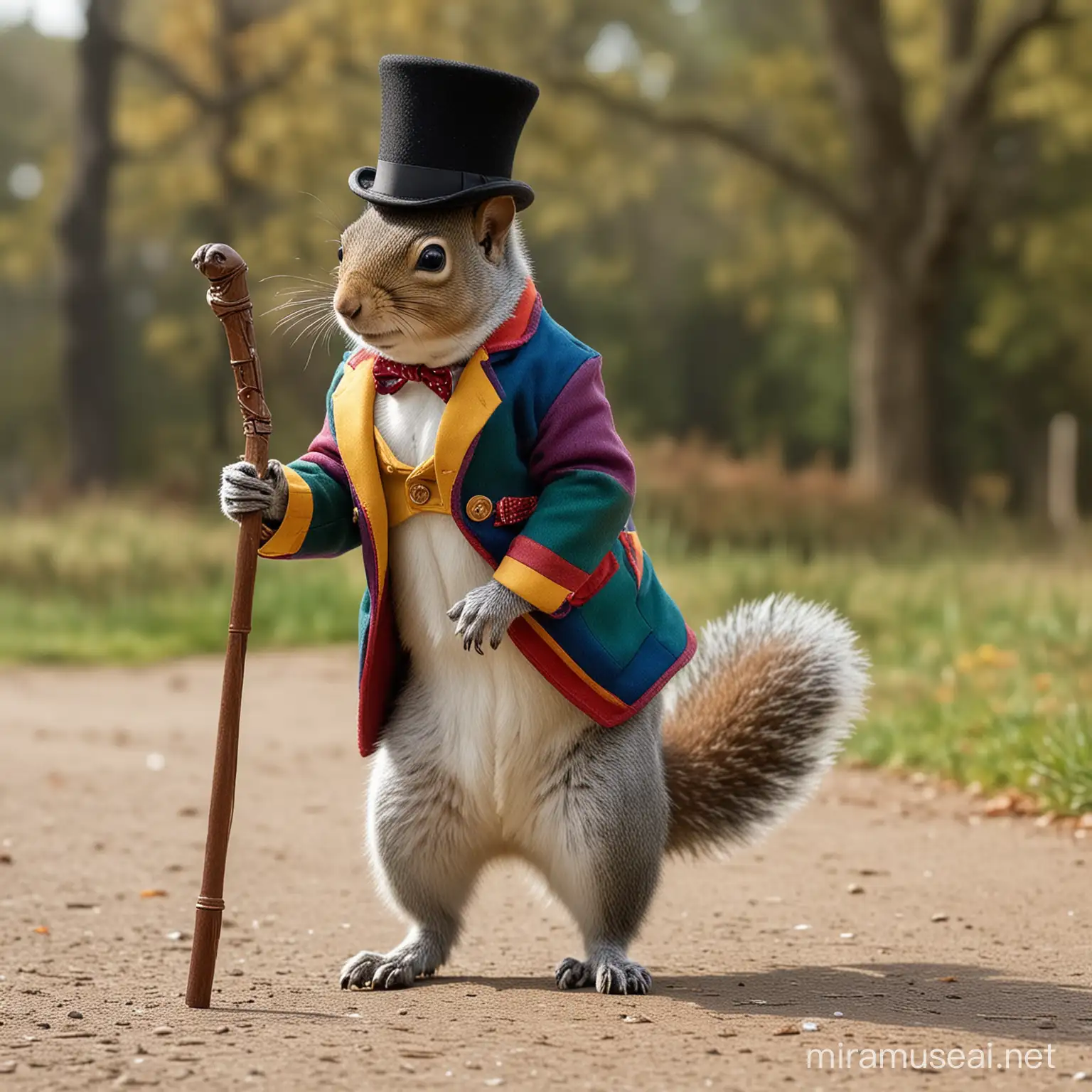 Squirrel walking on 2 legs upright wearing a top hat , walking with  a cane and wearing a multi-colored jacket