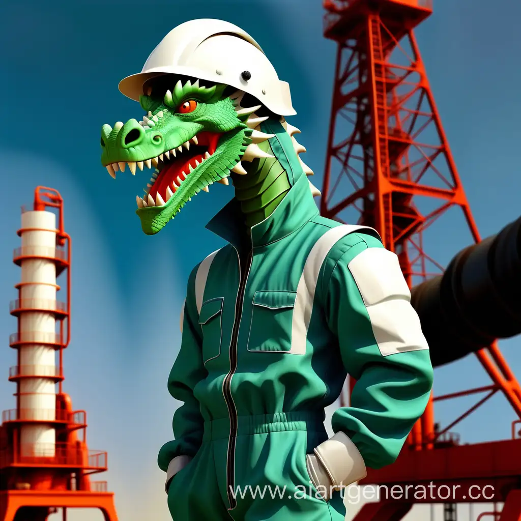 зеленый дракон в белой каске и рабочем синем комбинезоне на фоне нефтяных вышек