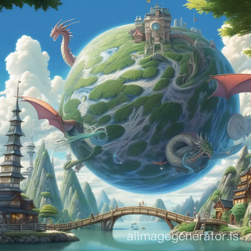 giant planet built on a dragon, in the style of Miyazaki, studio ghibli, --ar 16:9