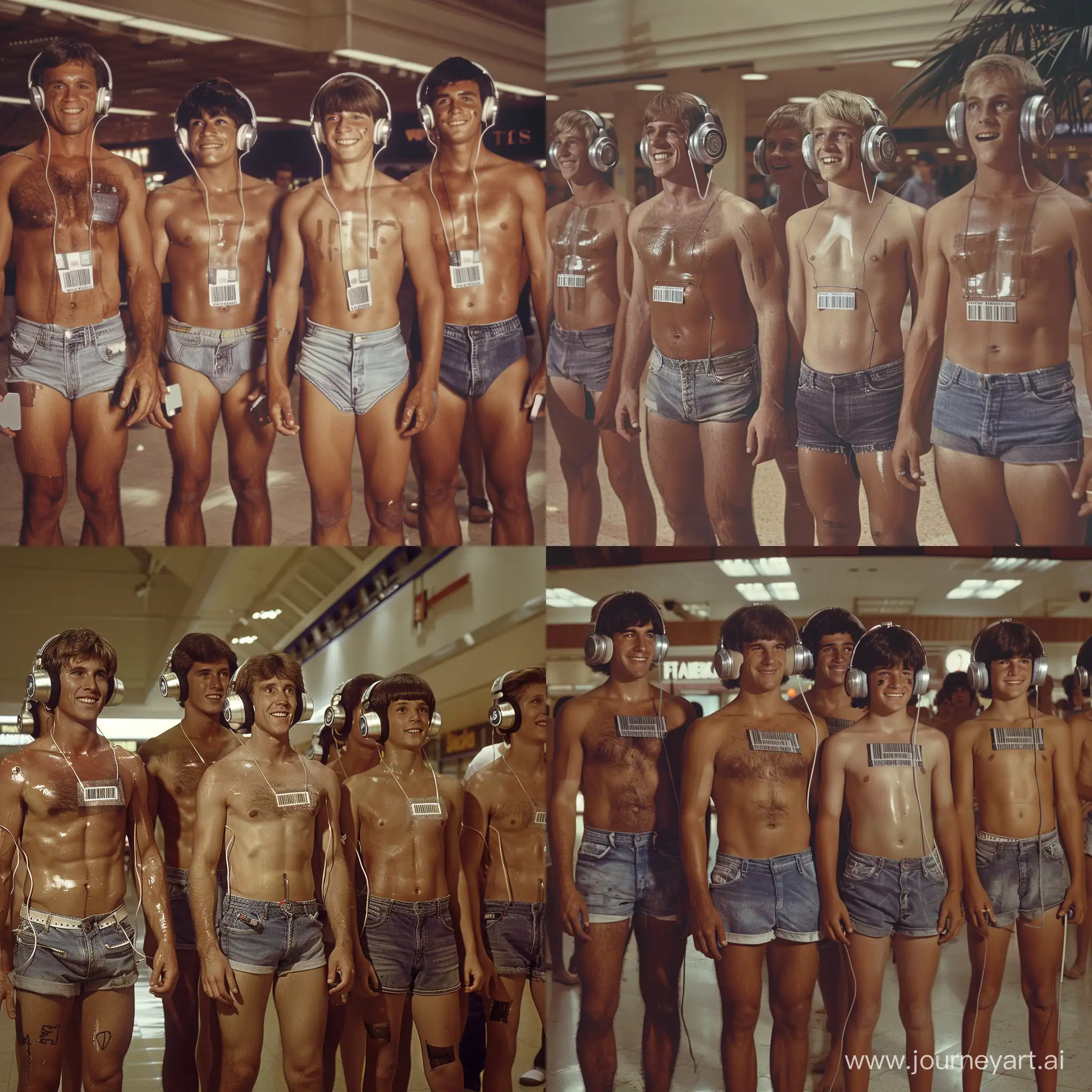 Handsome muscular middle-aged men and handsome muscular college-age boys each wear silver headphones and fitted denim cutoff shorts, dazed smiles, small barcode attached to each man's chest, 1970s shopping mall setting, facing the viewer, mass indoctrination, color image, hyperrealistic, cinematic