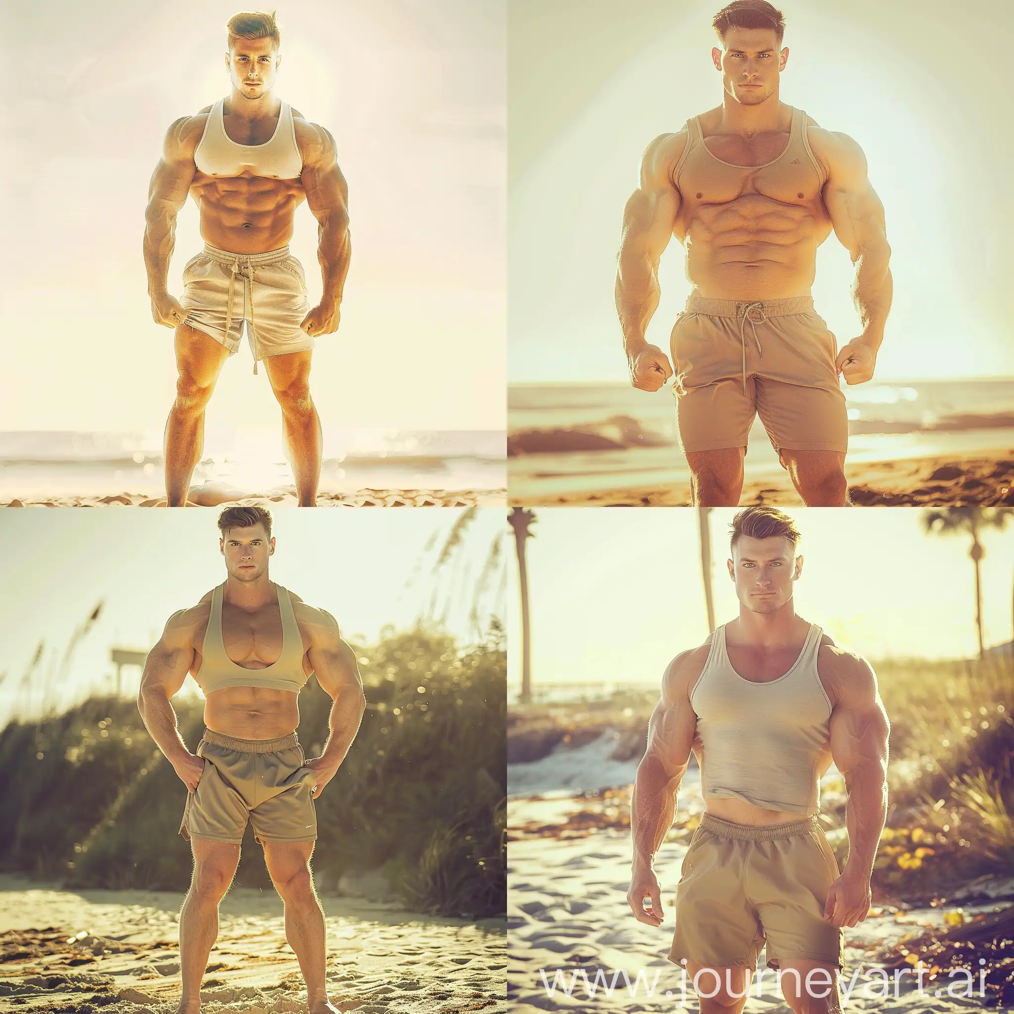 A muscular man with a strong physique, wearing a tank top and shorts, posing on the beach. He has short brown hair, blue eyes, and a tan skin tone. The sun is shining brightly behind him, casting a golden glow on his skin. He is standing with his feet shoulder-width apart, his arms at his sides. His muscles are flexed, and his veins are visible. He is looking directly at the camera with a confident expression