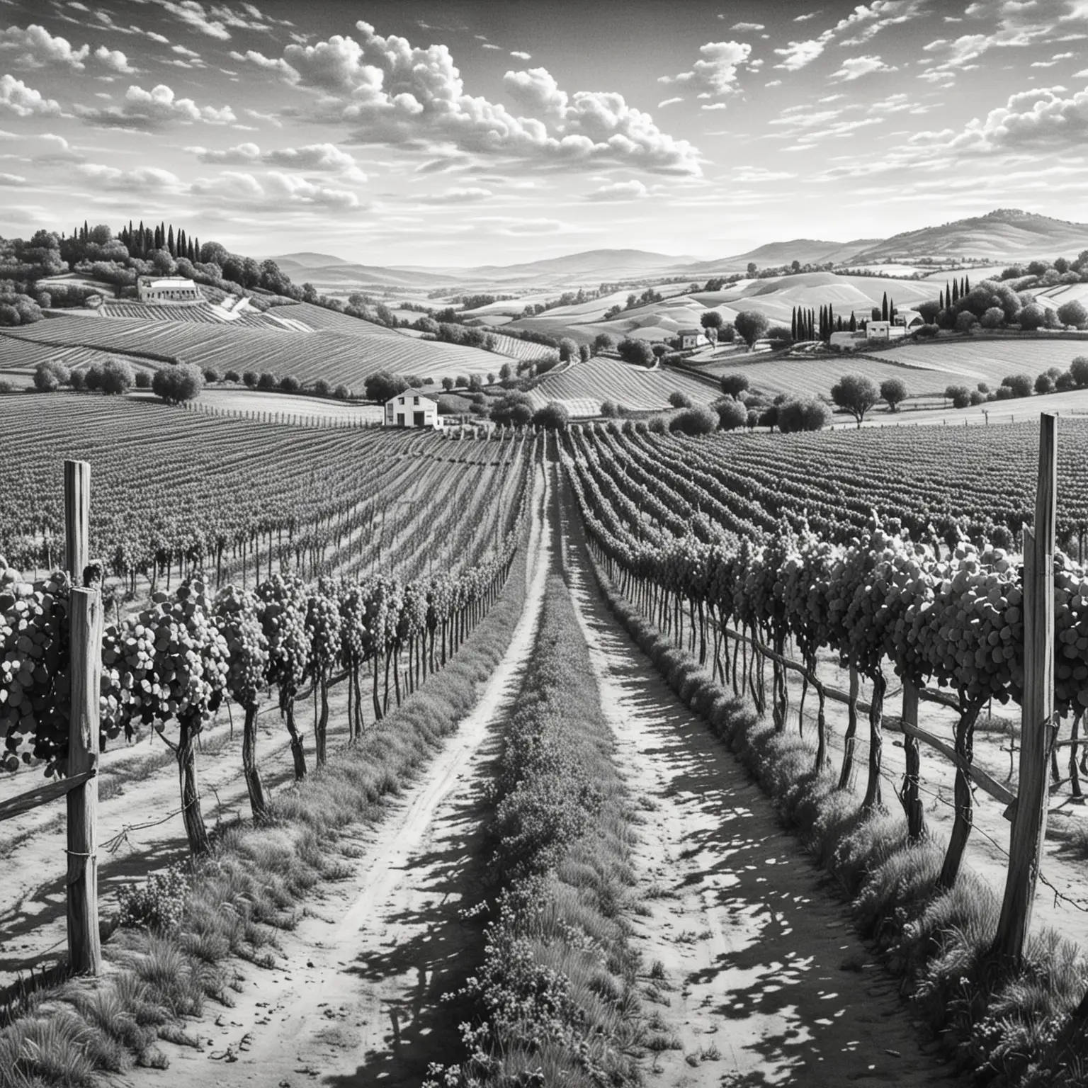 Classic Black and White Sketch Serene Vineyard Landscape