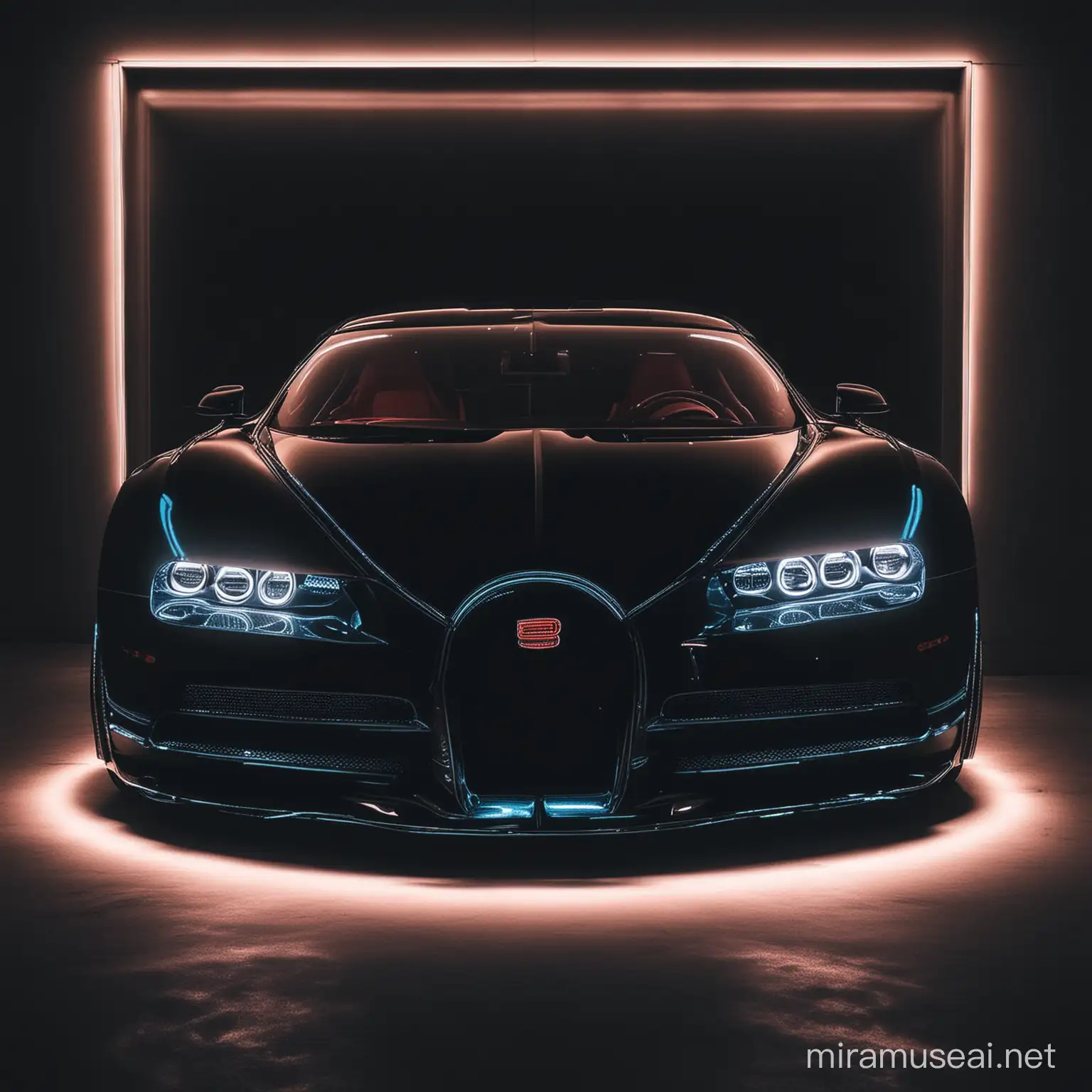 Sleek Black Bugatti with Vibrant Neon Lights