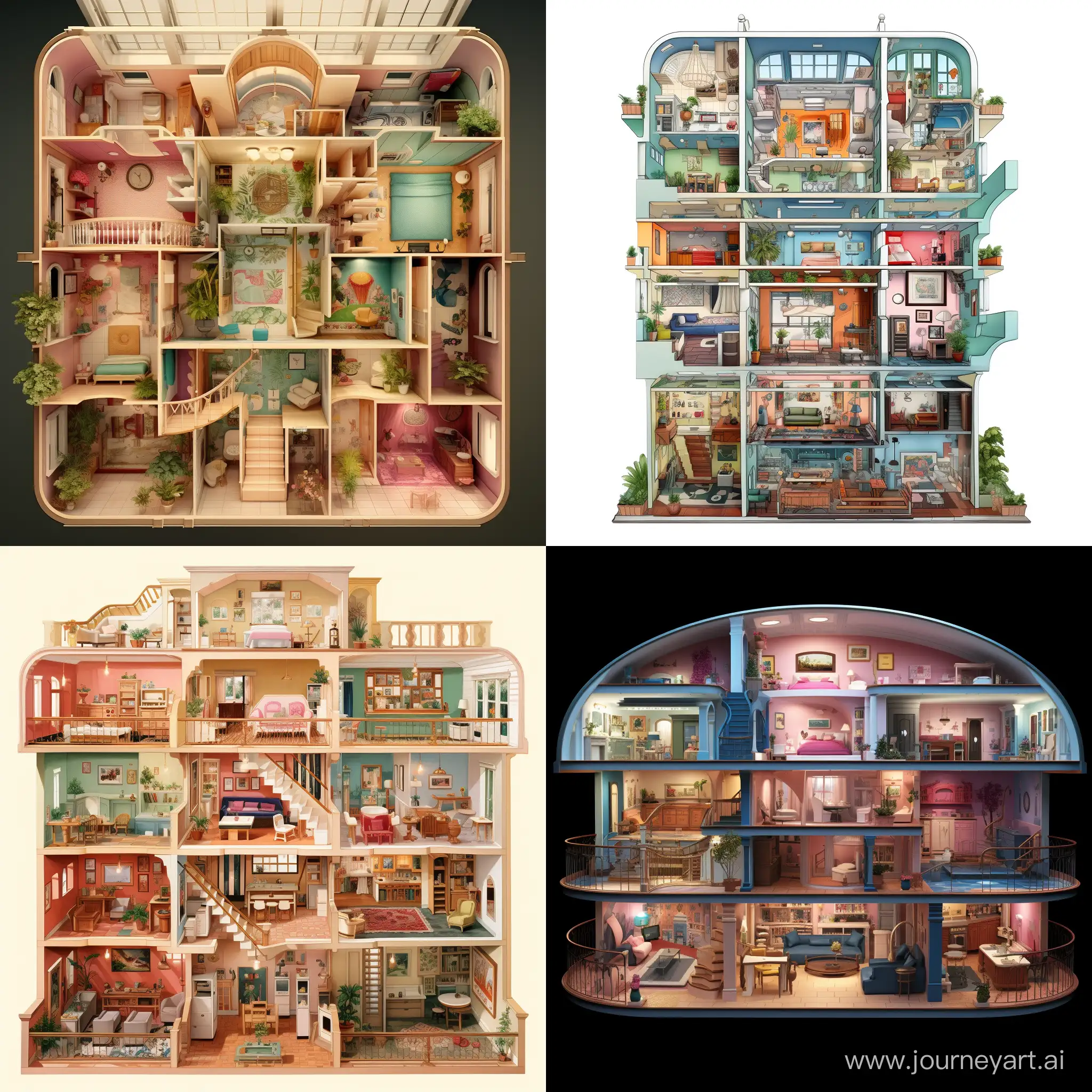 кукольный домик, вид сверху, много комнат, мультяшый, барби, схема