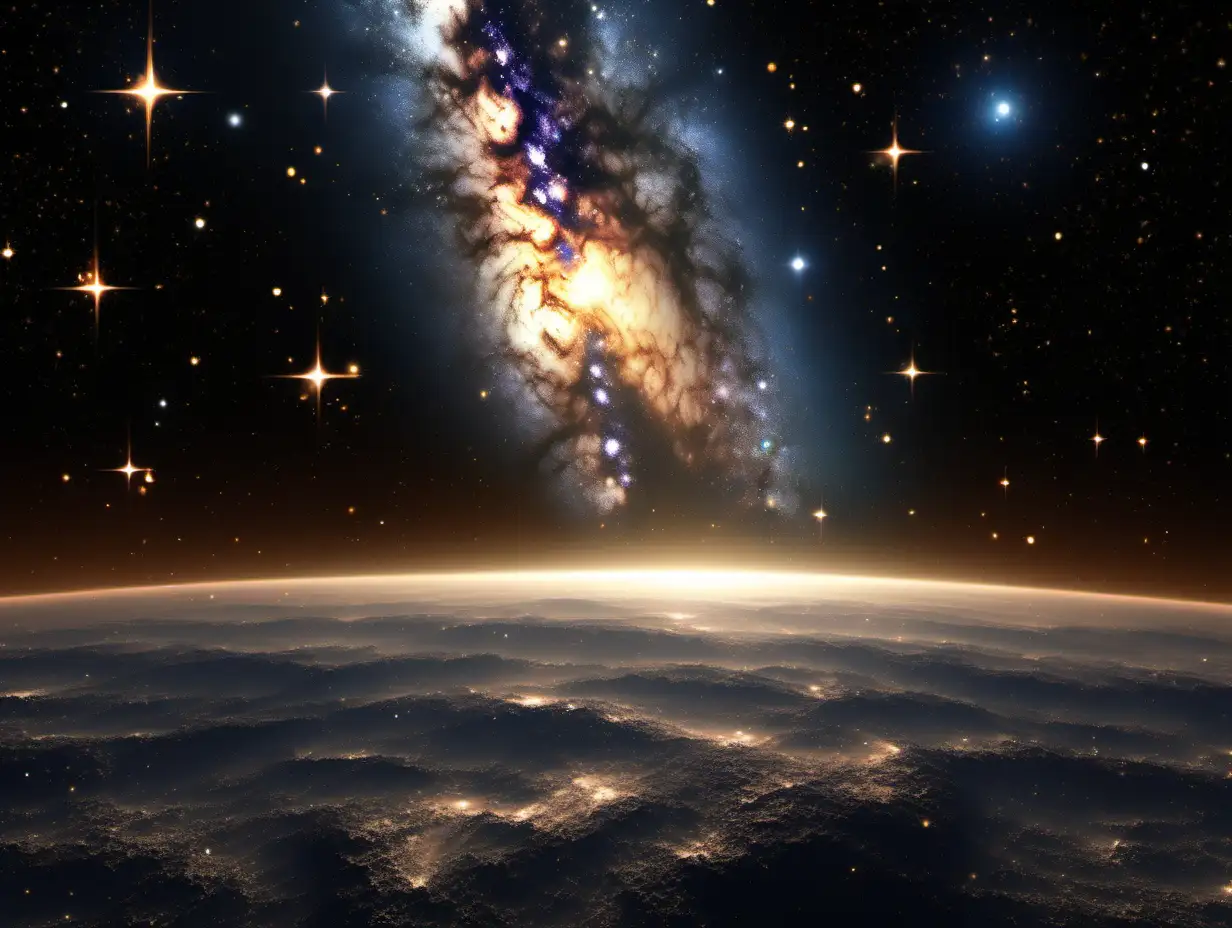 Magical space image showing the milky way, CGI animation, cinematic, awarD winning, no planets - only space and stars, 32k uhd, womancore, bronze and amber, dreamlike settings, --ar 4:3 --s 750.'