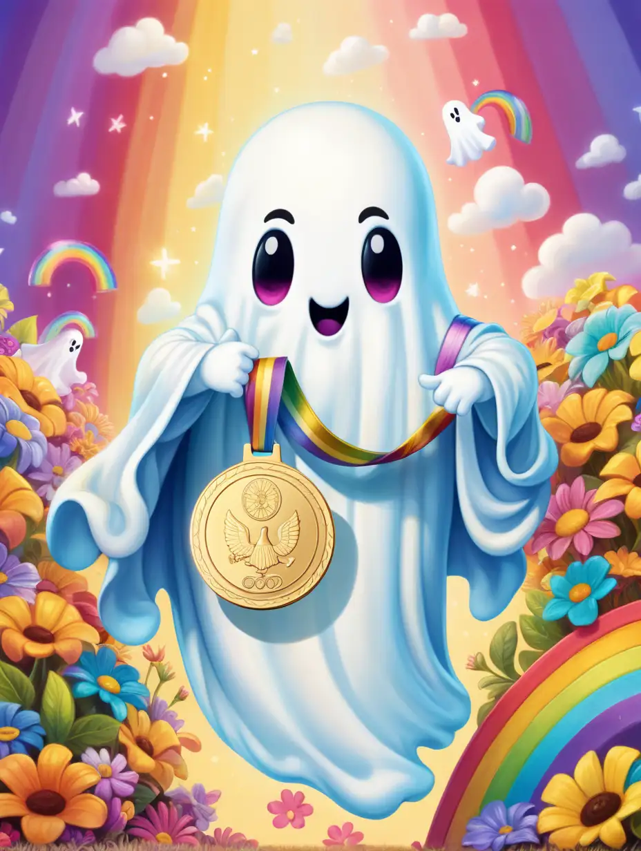 Adorable Cartoon Ghost Celebrating Victory with Olympic Gold Medal amidst Vibrant Floral and Rainbow Background
