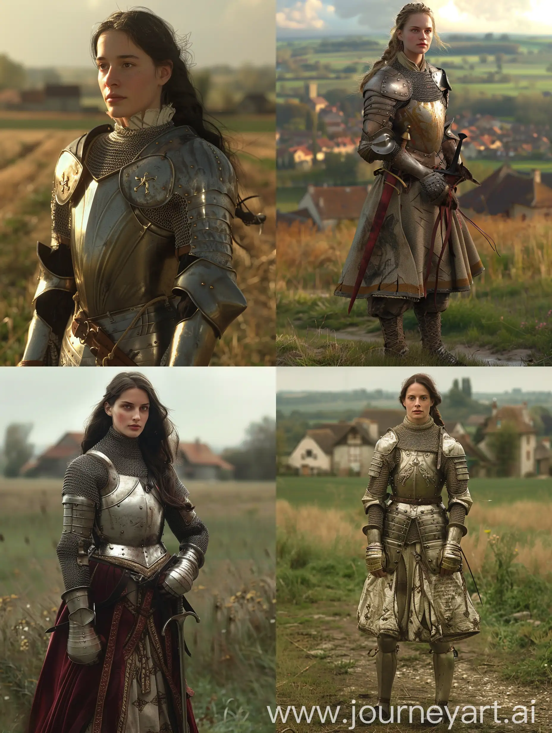 Characters: Joan of Arc, Description: Extraordinary Maid of Orleans, Time Period: Medieval, Clothing: Armor and traditional attire, Location: French countryside, Action: Standing confidently, Background: Fields or village, Shot Type: Medium shot, Style: Hyper-realistic photo realism, cinematography.